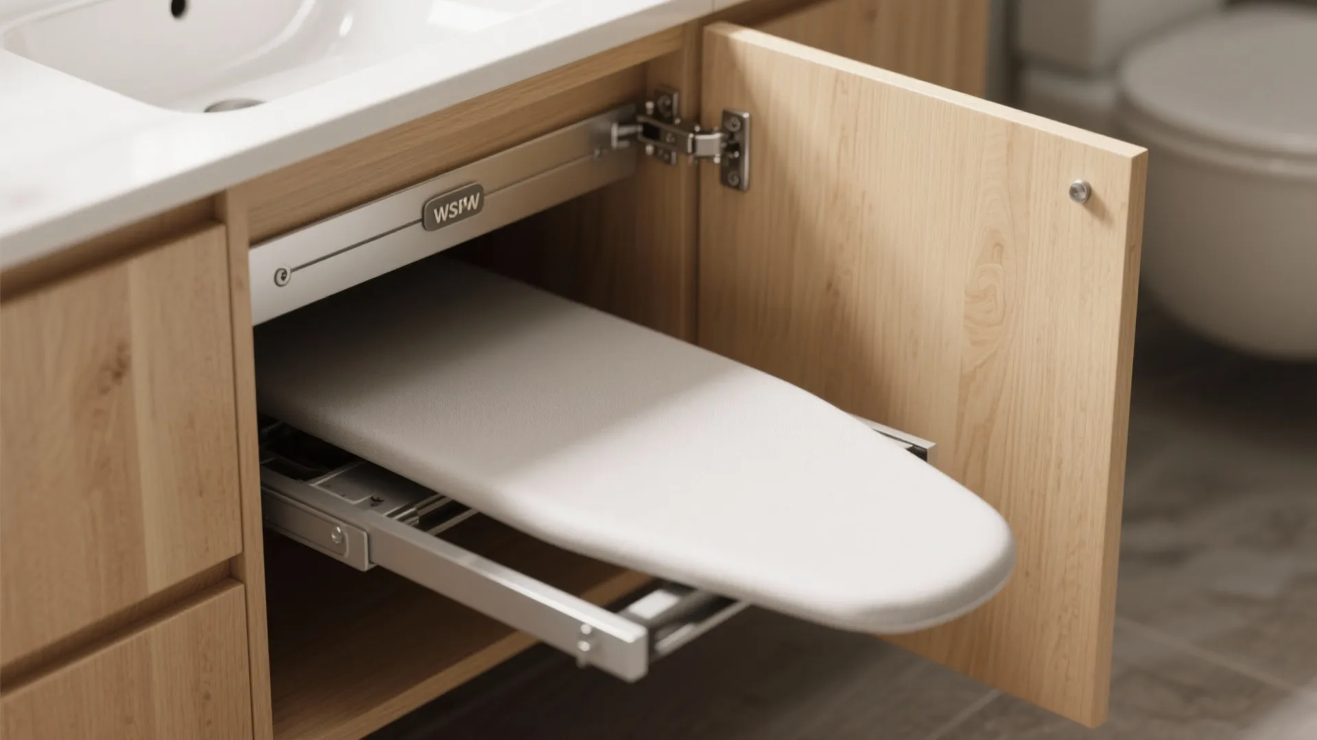 Pull out ironing board hidden inside a wooden bathroom cabinet drawer under a white sink