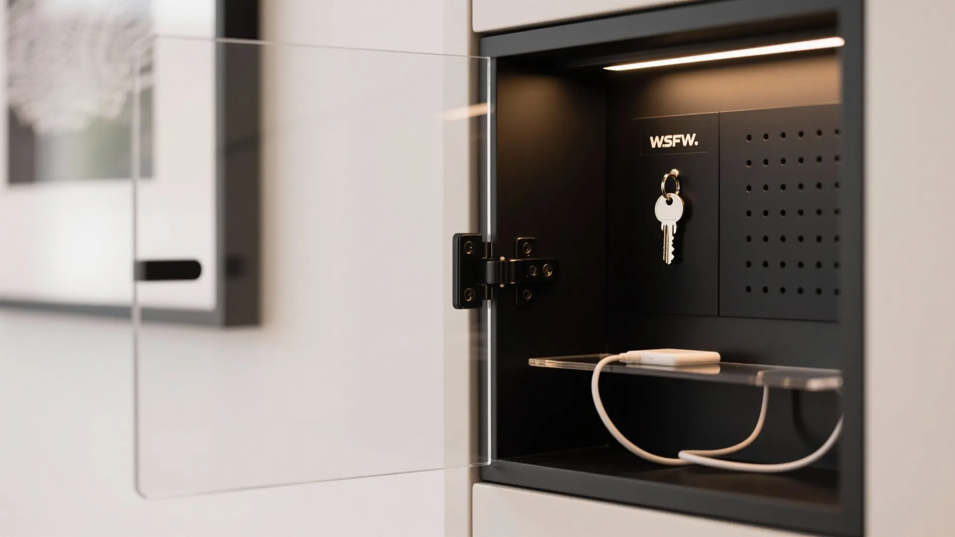 Macro of a hinged frame revealing a magnetic key panel and charging shelf.