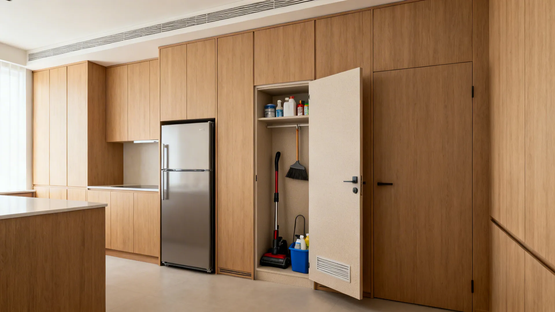 Compact kitchen with a panel-ready hidden fridge and adjacent tall cleaning closet.