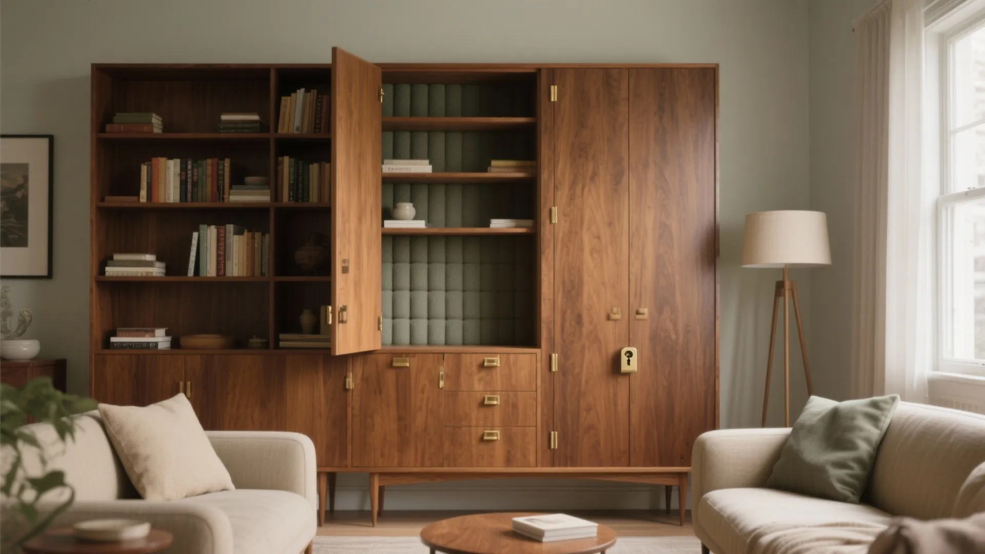 Large wooden bookshelf with hidden storage compartments in a living room with two beige sofas