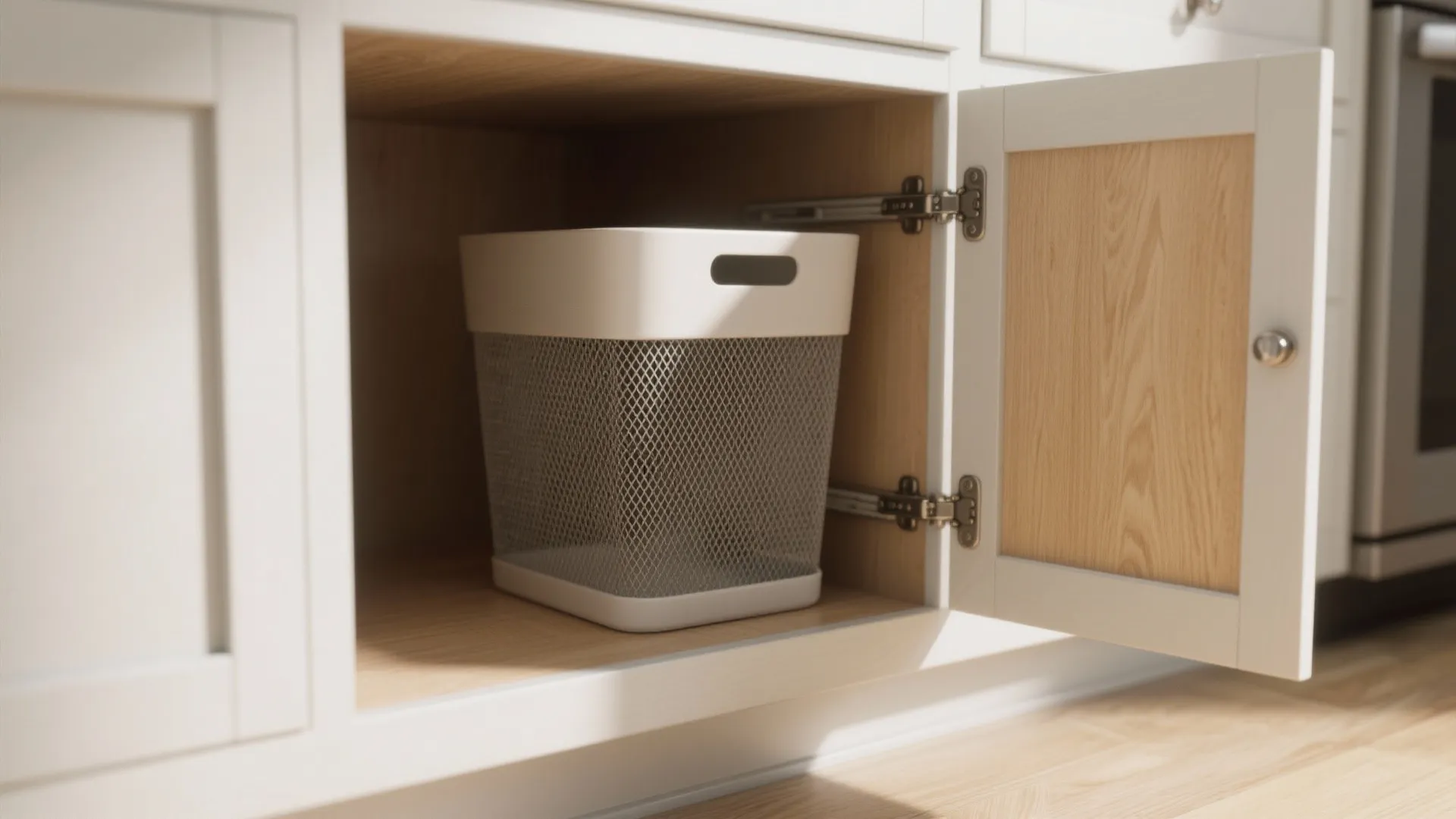 Modern white laundry basket sitting inside a wooden kitchen cabinet with an open door design