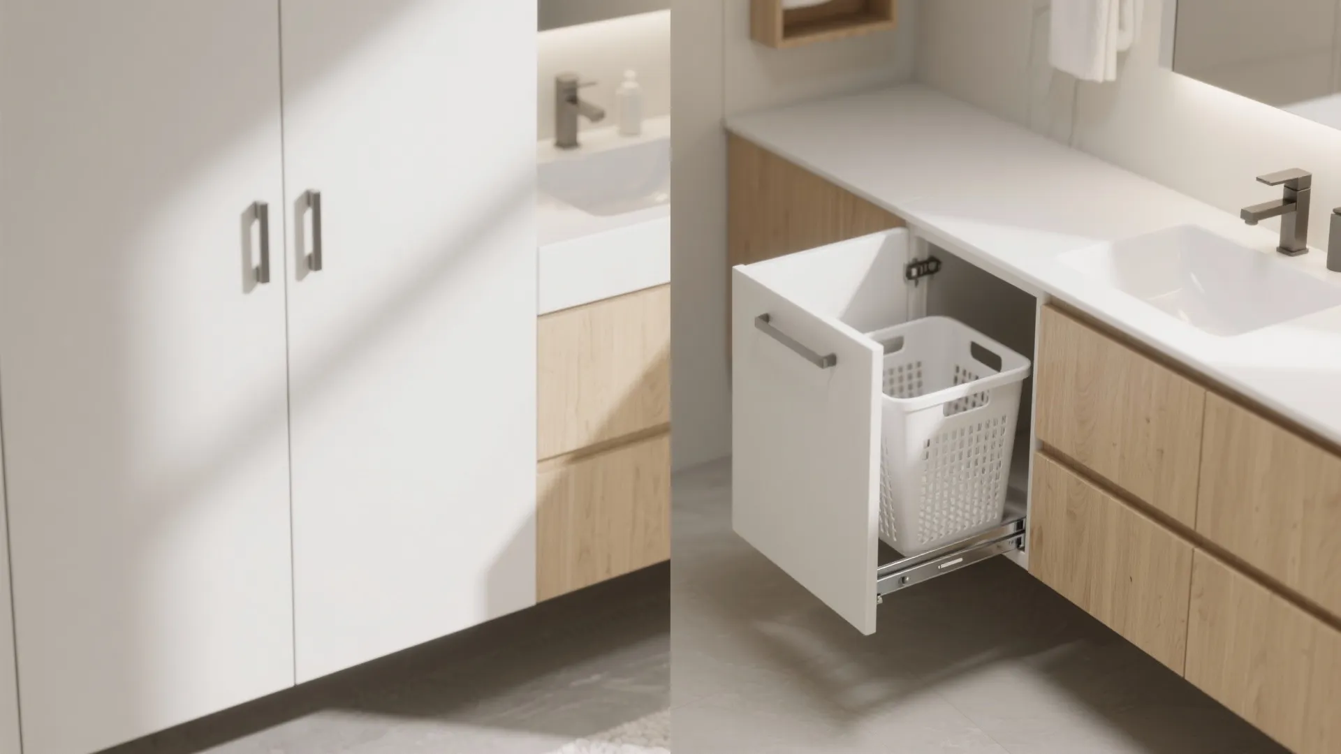 Bathroom cabinet showing a hidden white plastic laundry basket inside an open pullout storage drawer