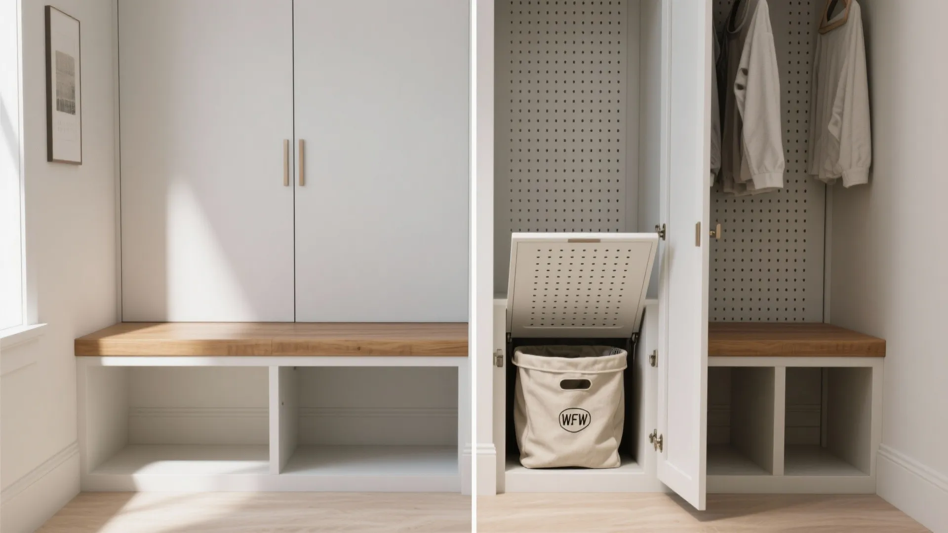 1. Built-in bench with a hidden hamper