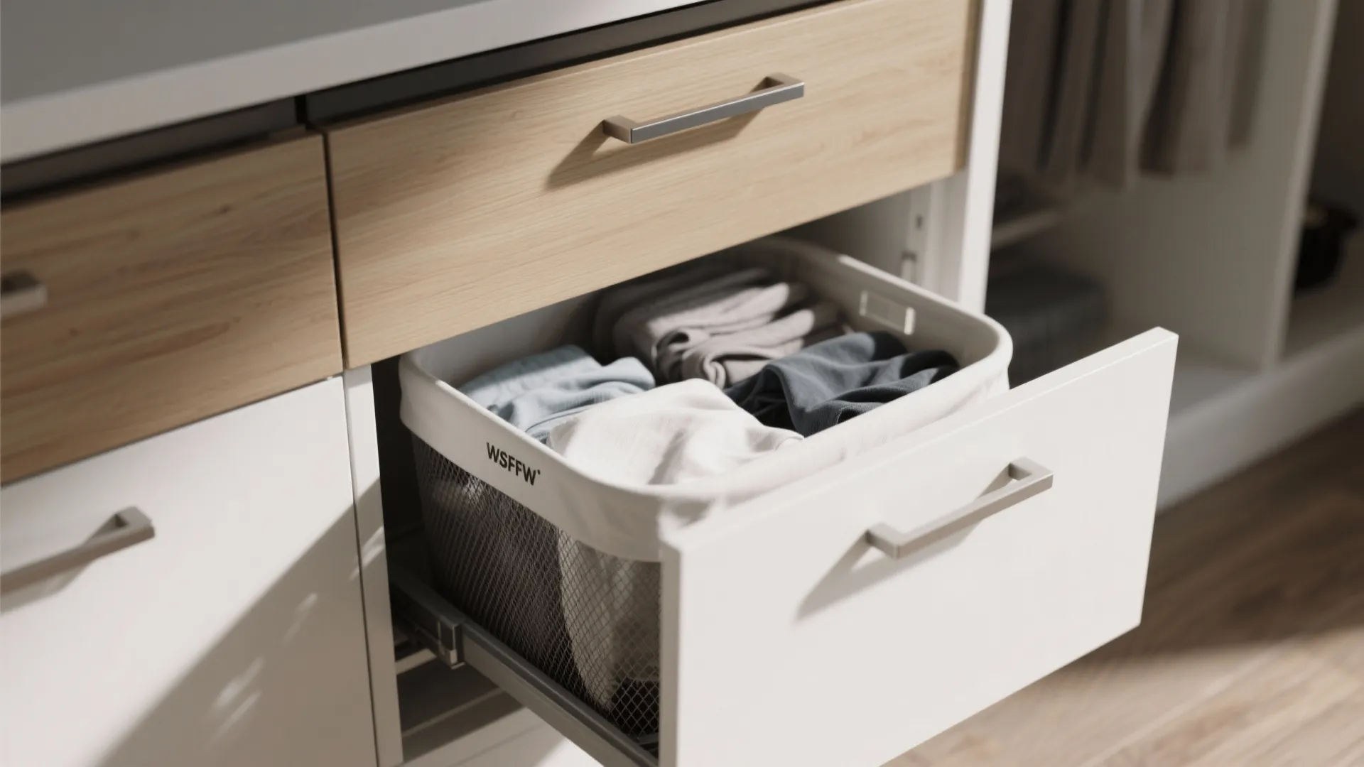 Open white cabinet drawer showing a laundry basket filled with folded clothes and wood details