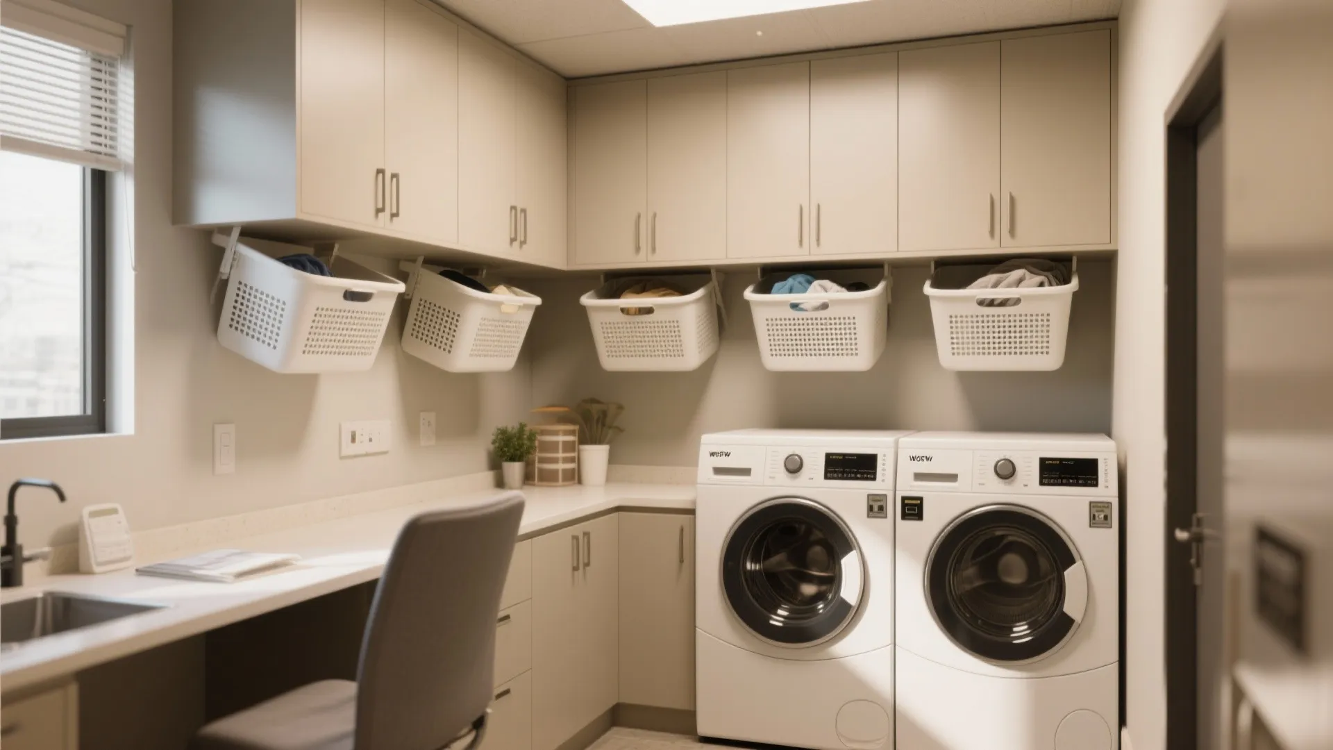 8. Overhead Cabinets with Hidden Hampers