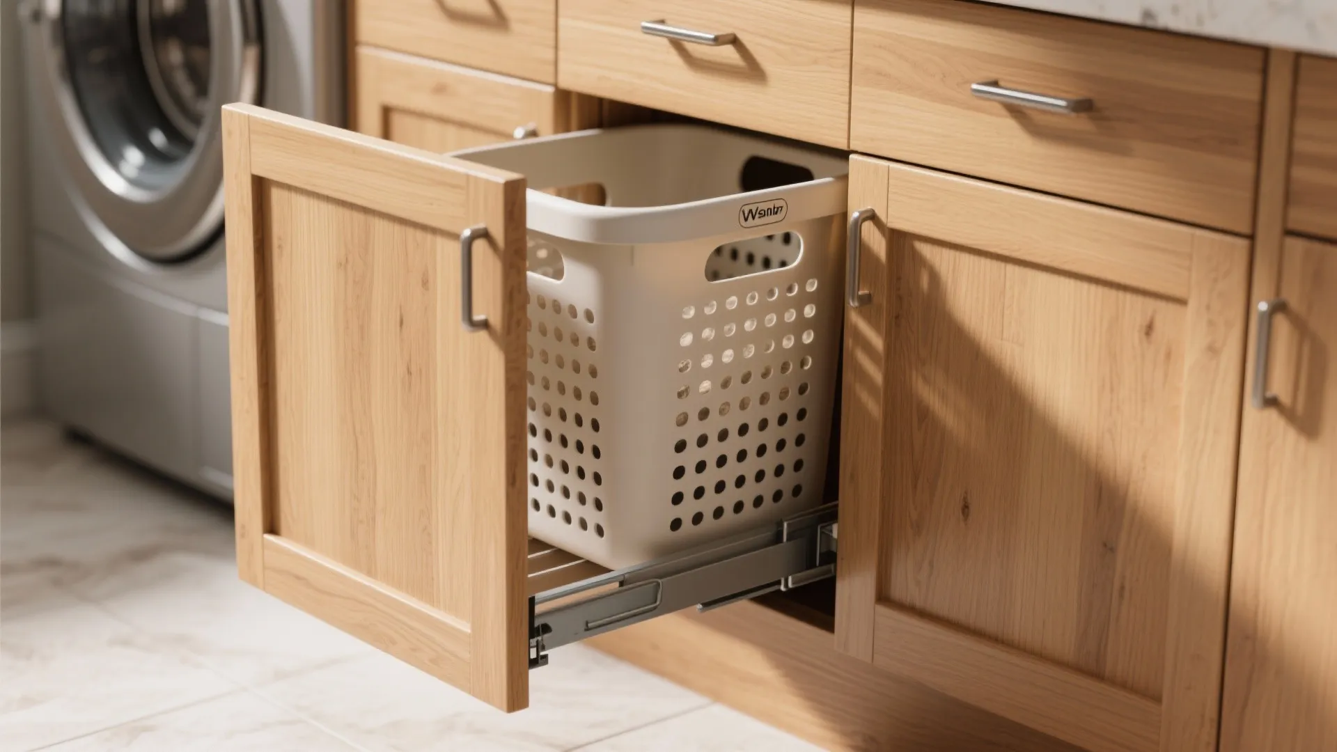 Pull out wooden cabinet drawer showing a white plastic laundry basket inside for organized storage