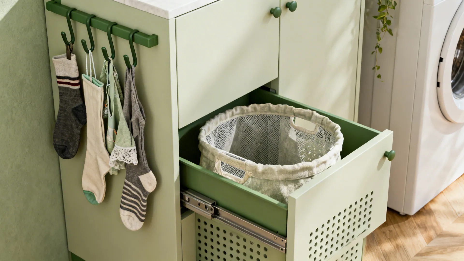 Pull-out hidden hamper and multi-use hooks for delicates and drying socks in a compact laundry area.