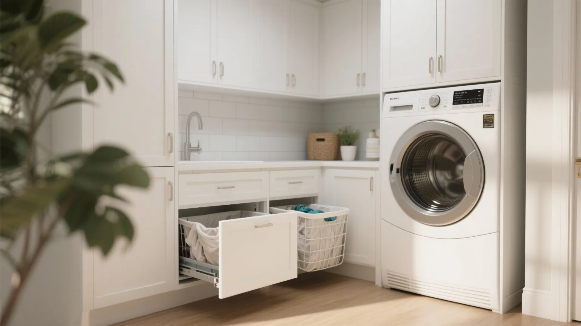 Bright laundry room featuring white cabinets with pull out laundry baskets and a washing machine
