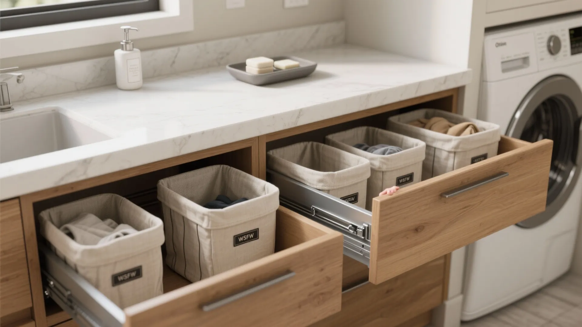 3. Hidden Hampers and Sorting Bins under a Counter