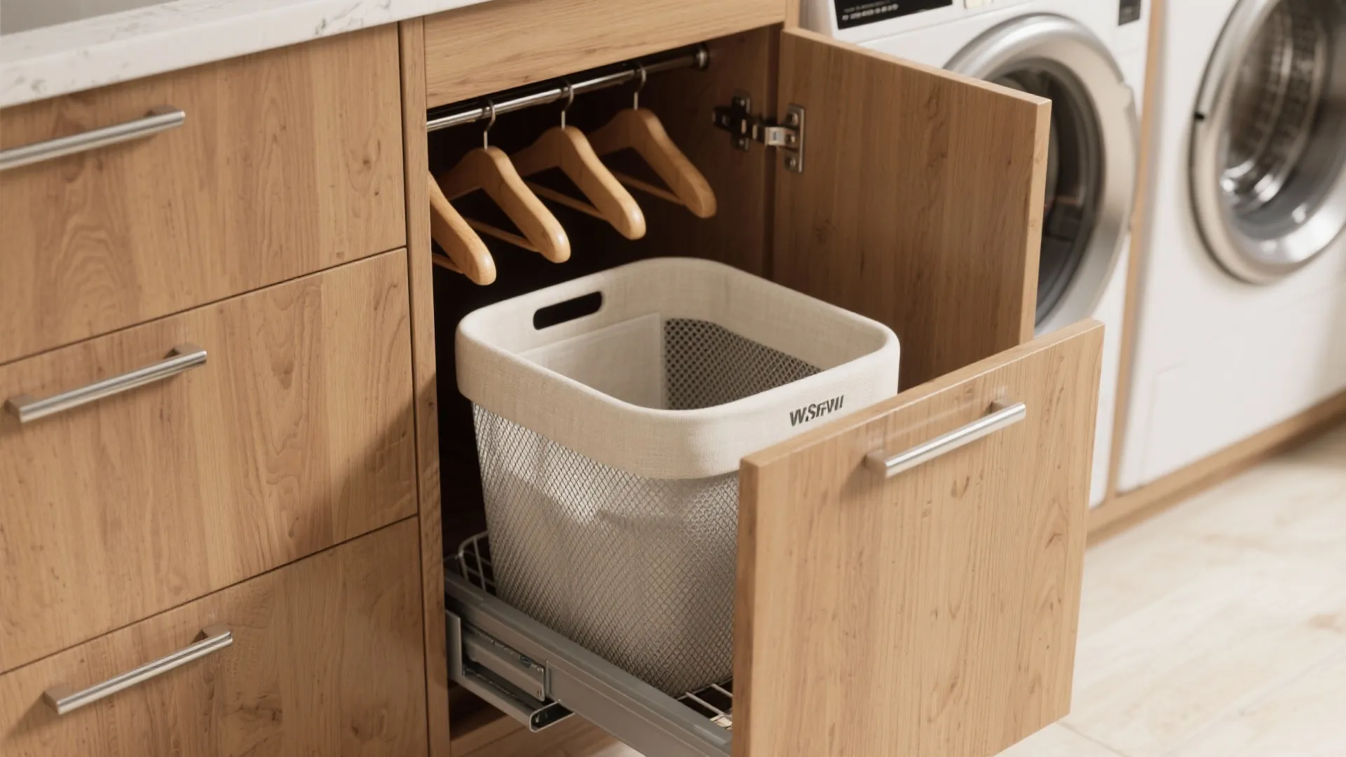 Modern wood cabinet featuring a pull-out laundry basket and hanging rod with three wooden hangers