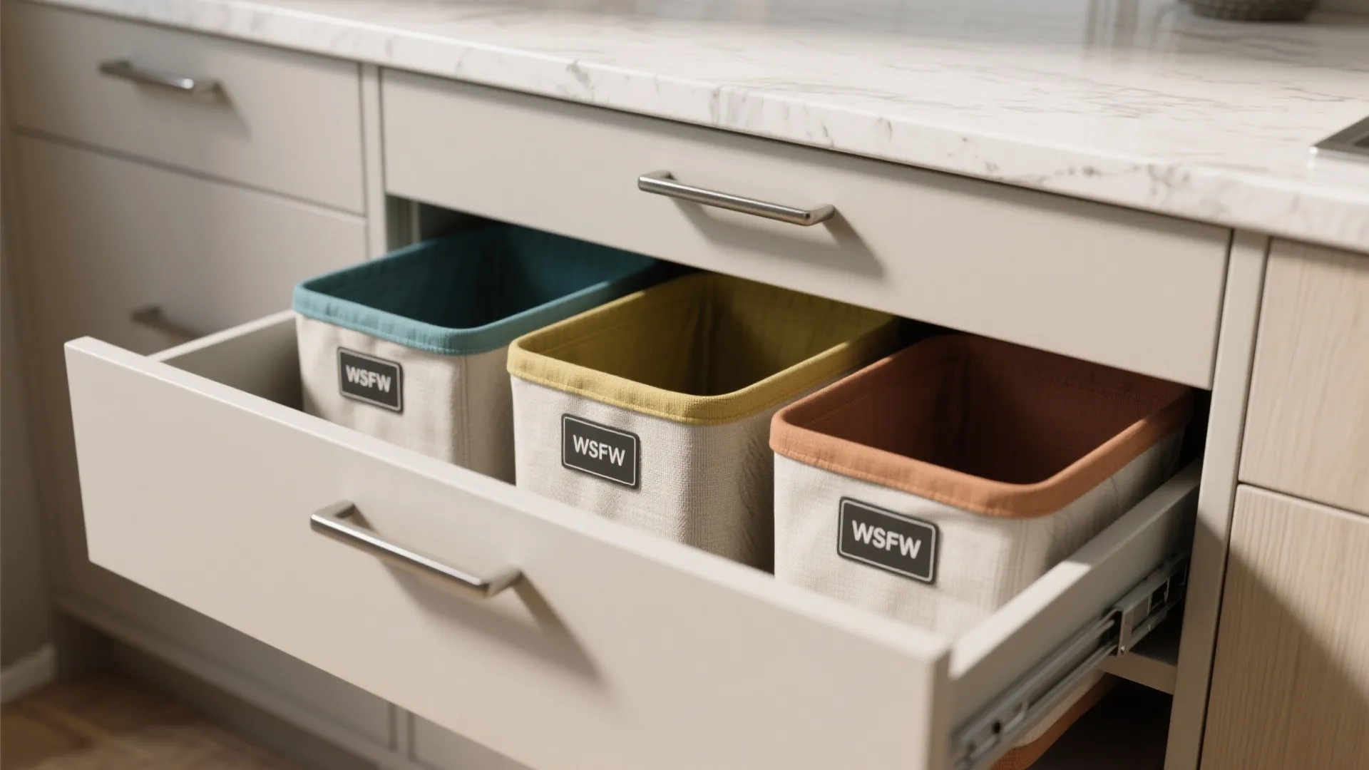 Open kitchen drawer containing three fabric storage bins with colored rims under a marble countertop