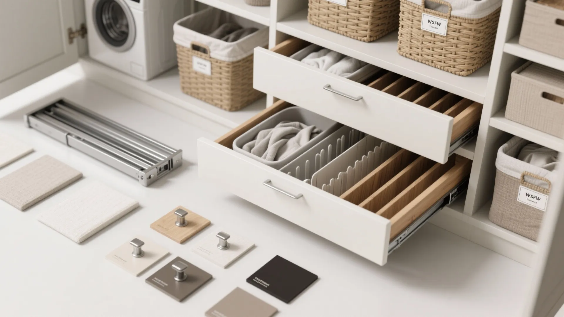 White cabinet with open drawers showing wooden organizers and woven baskets for organized laundry room storage