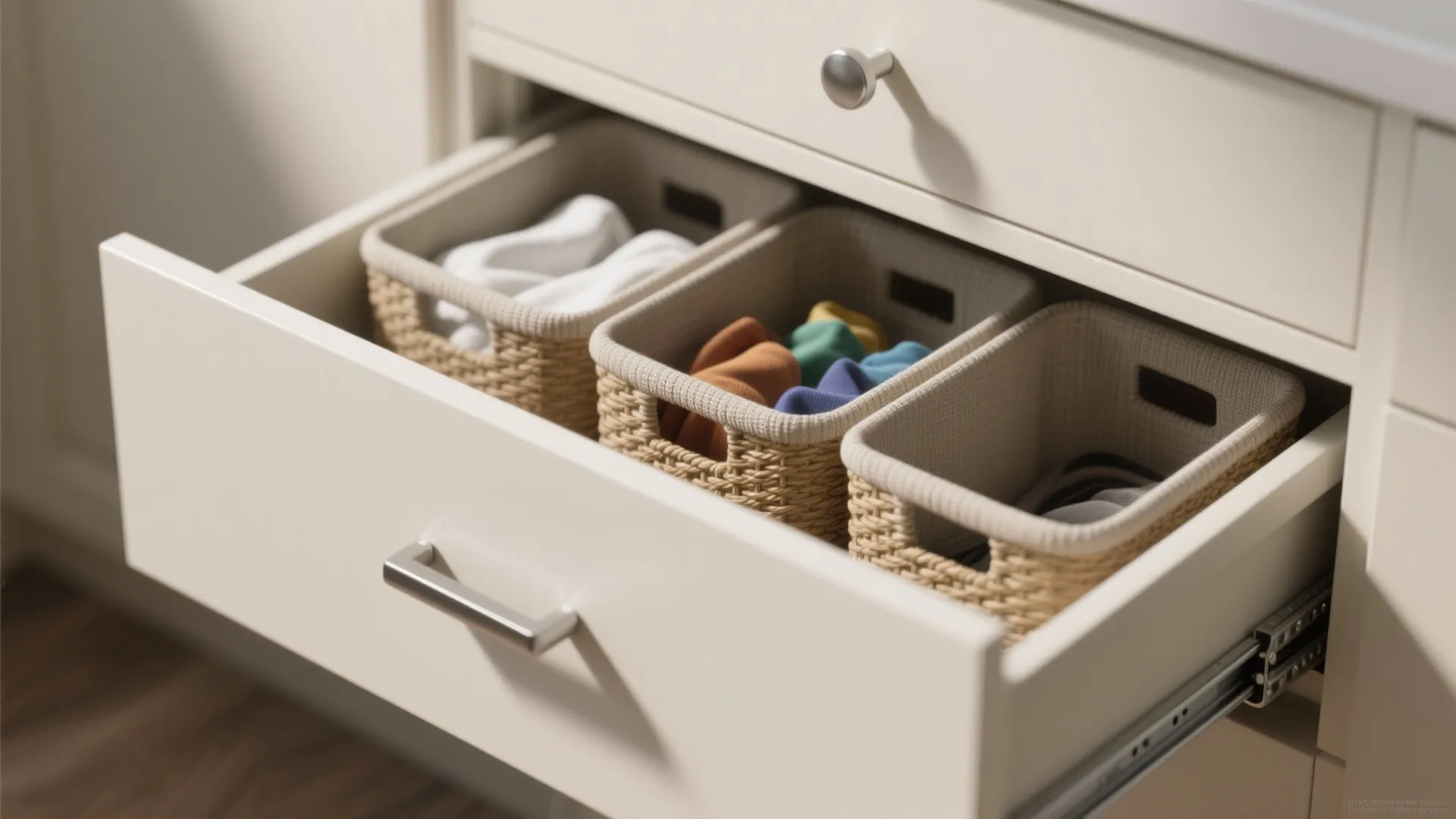Open white cabinet drawer containing three woven baskets used for organizing colorful laundry and clothes