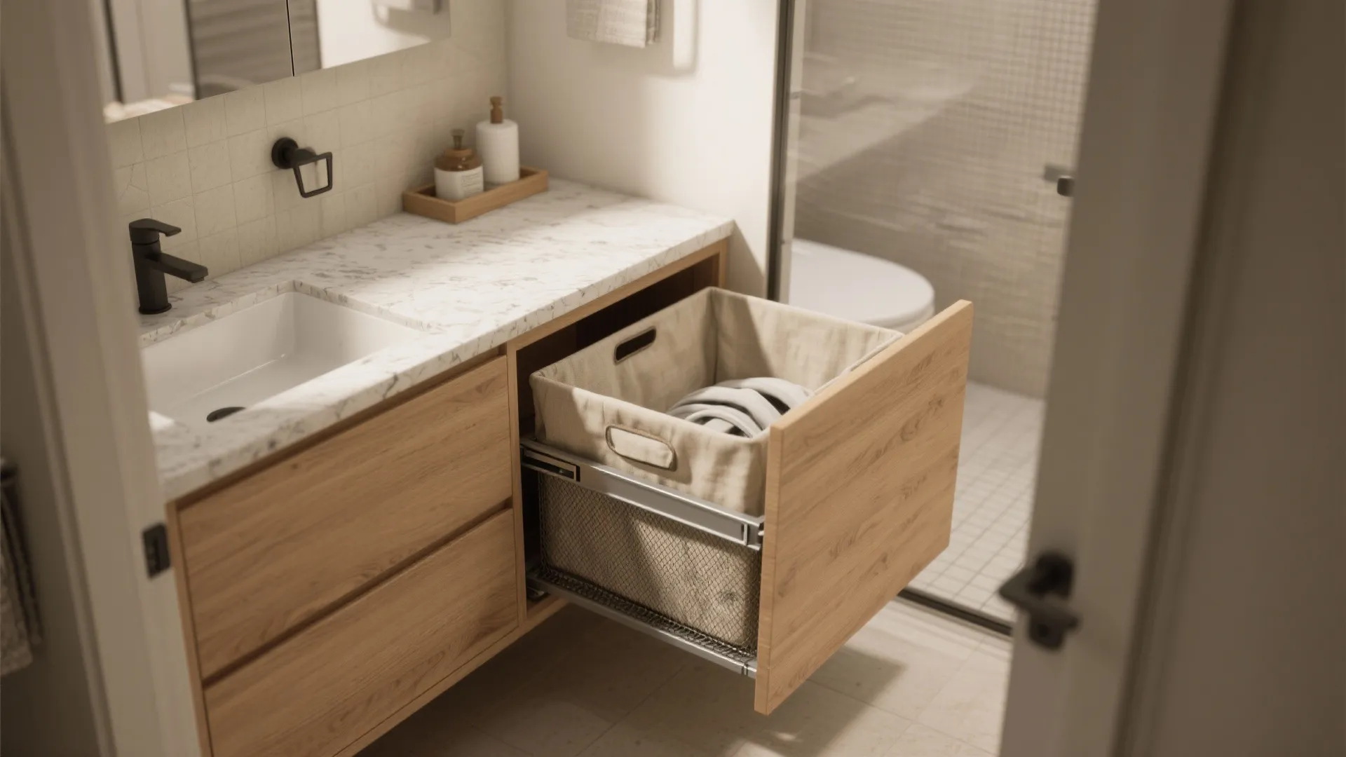 Modern bathroom vanity with open wooden drawer showing a laundry basket inside for smart storage