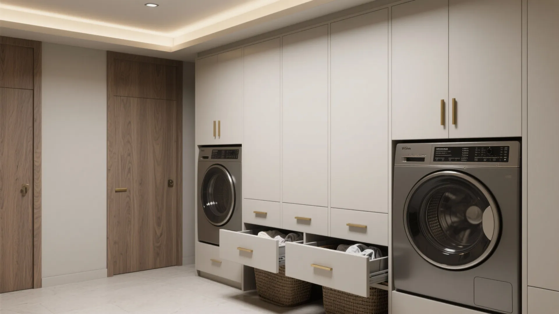 1. Integrated cabinetry with hidden hampers