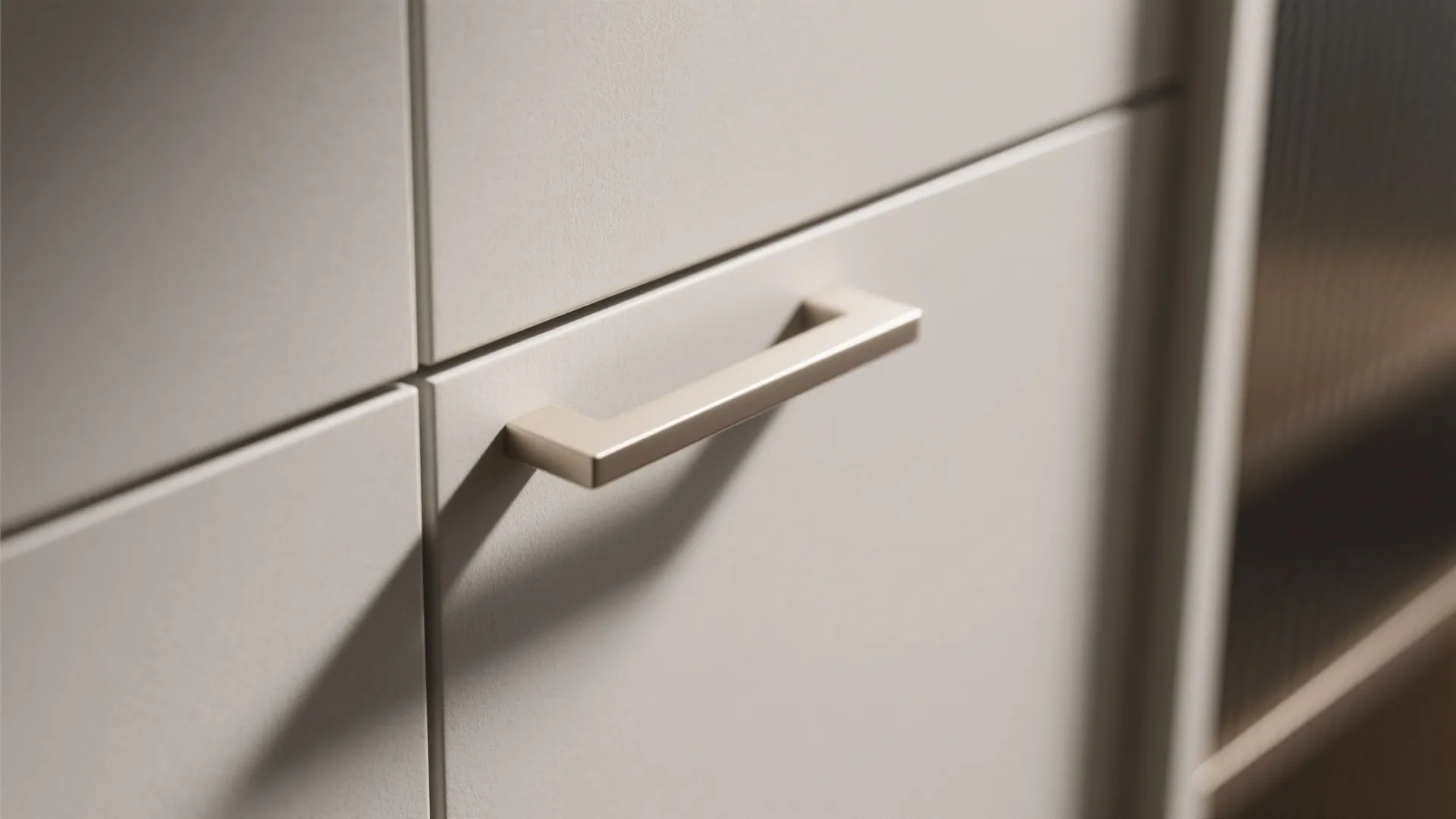 Close up of a modern silver metal handle on a beige kitchen cabinet door with lighting