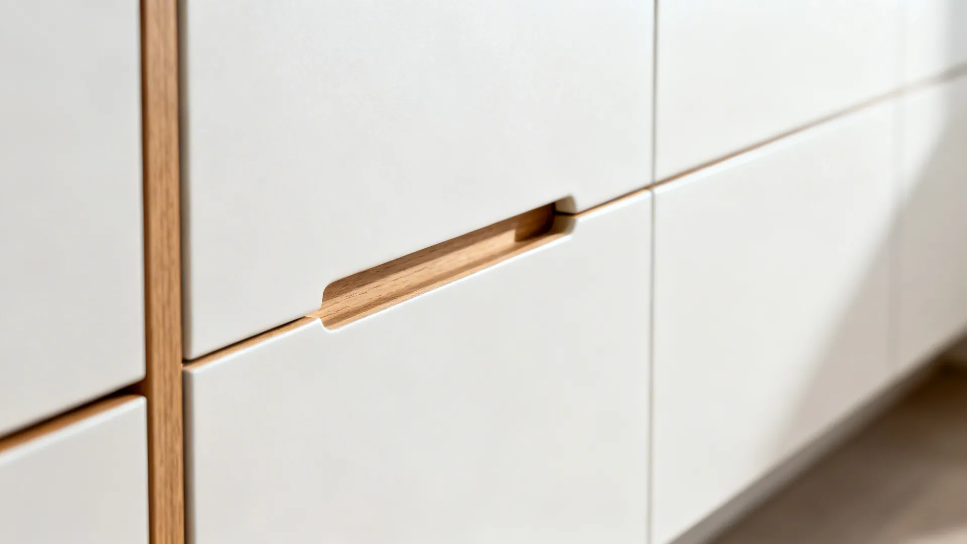 1) Minimalist white-and-wood palette with hidden storage