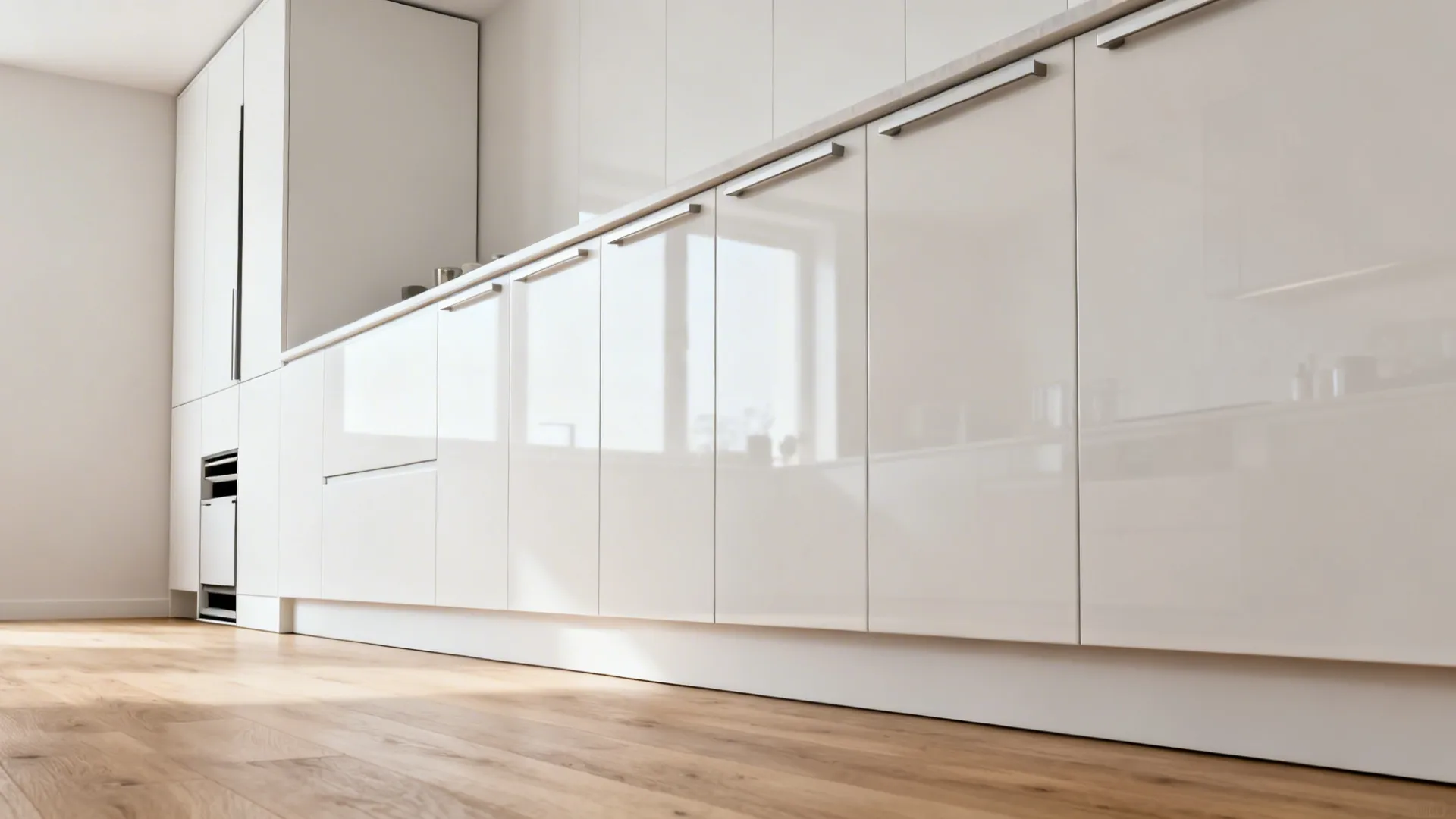 Handleless J-pull cabinets with a tall pantry create a seamless single-wall kitchen.