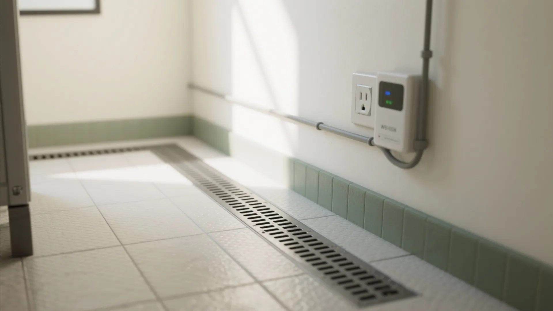 Floor drainage grate in a tiled room with a wall power outlet and white walls