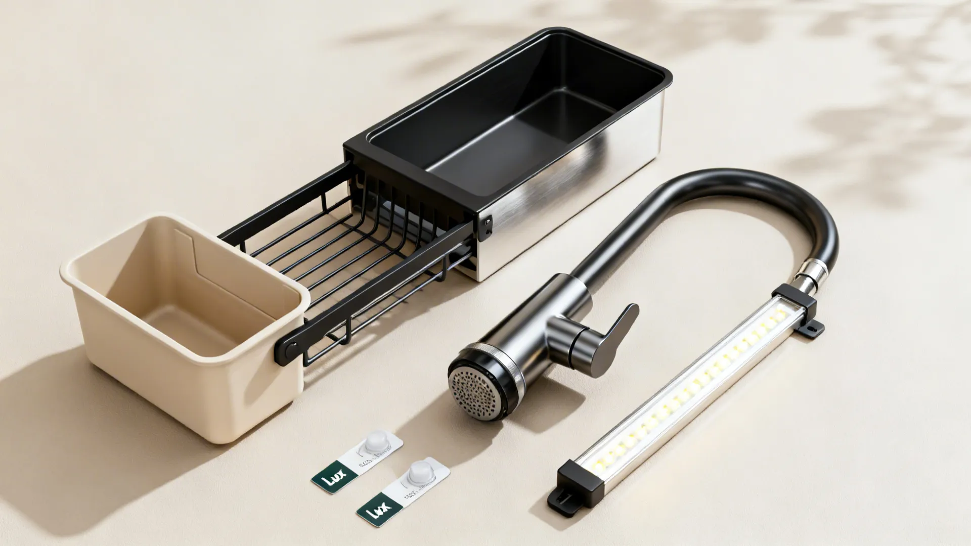 Flatlay of pull-out bin hardware, pull-down faucet, and under-cabinet LED strip for sink upgrades.