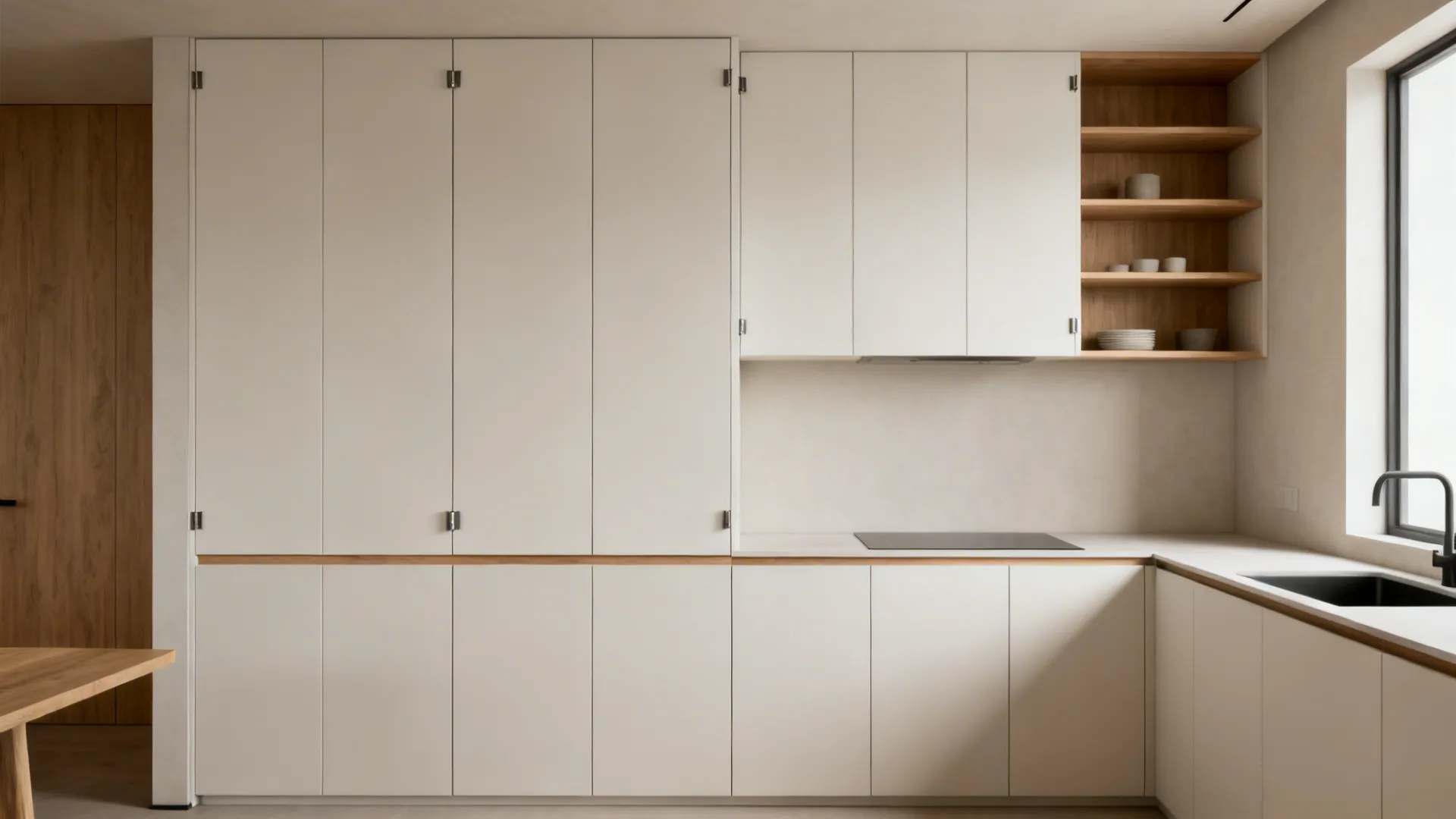Small kitchen with wall-colored MDF doors and concealed hinges creating a seamless look.