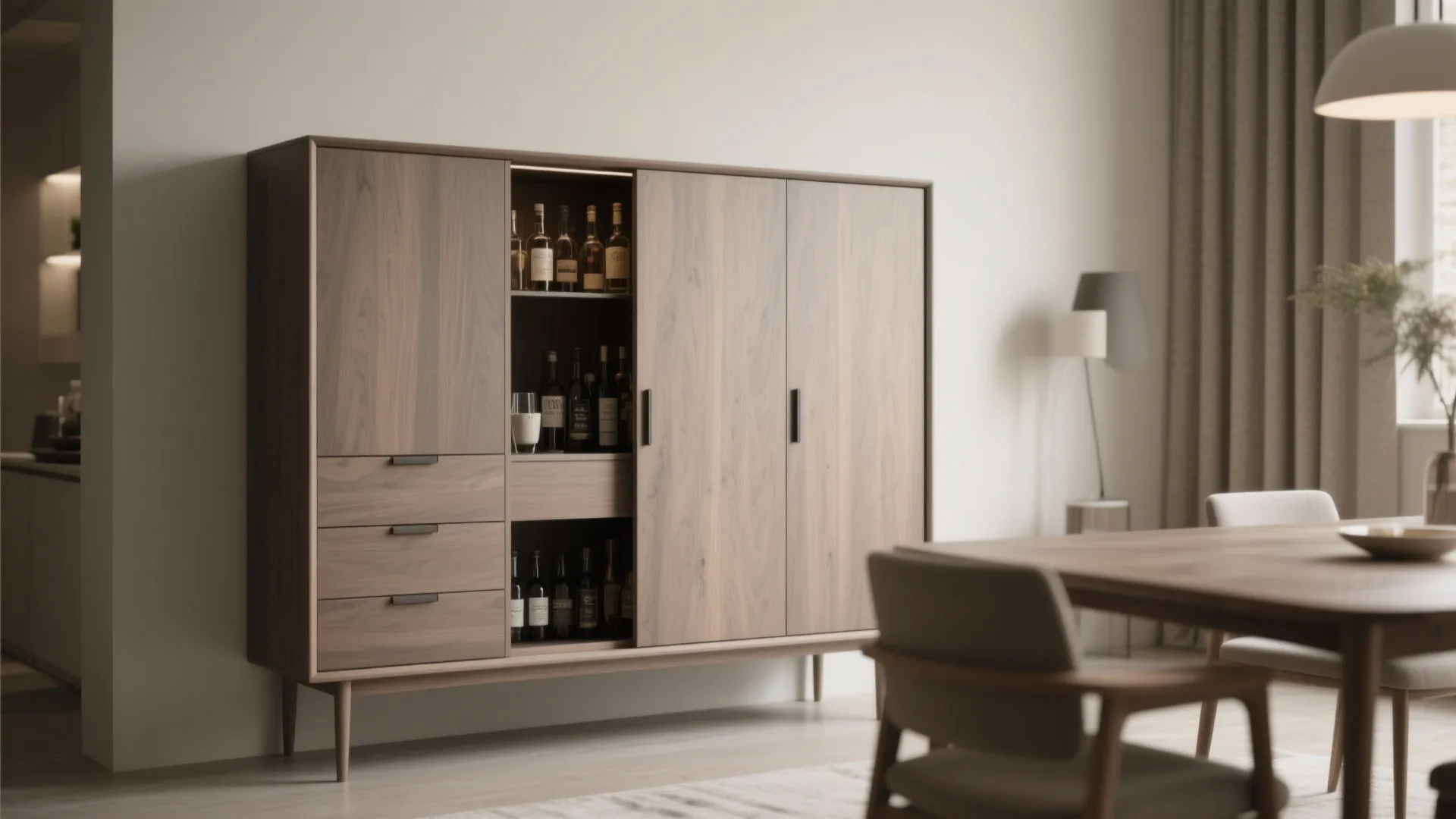Freestanding wood cabinet with sliding doors showing interior wine storage shelves in a bright room