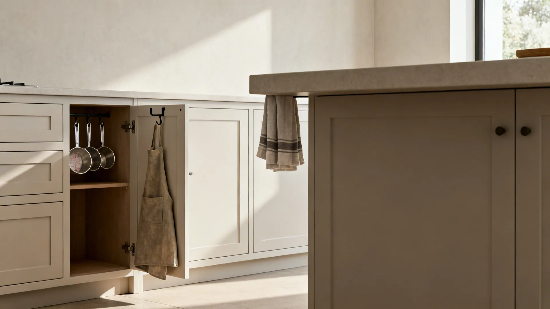 Minimal kitchen showing hidden hooks inside a cabinet and on a side panel for an apron.