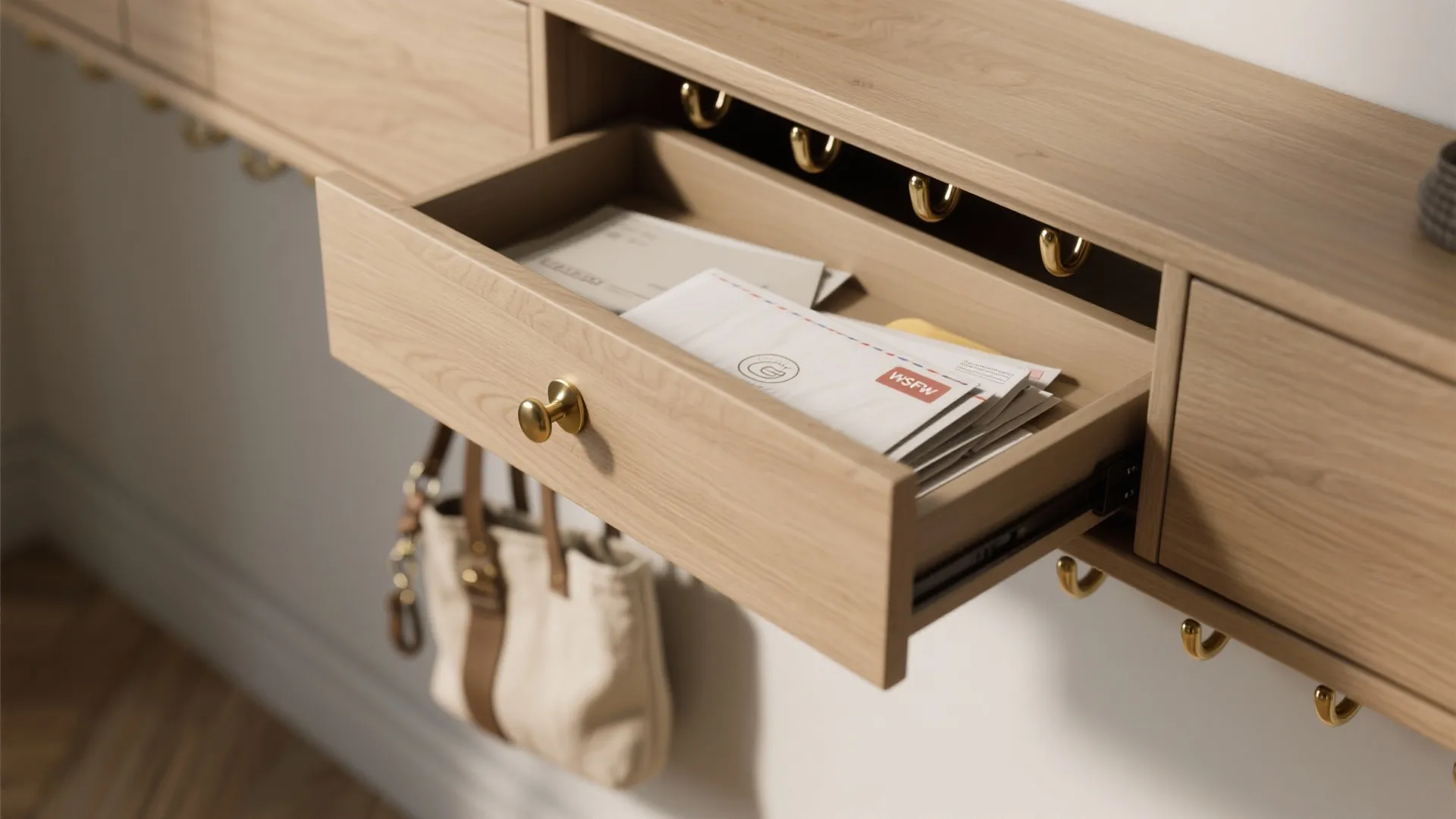 Open wooden drawer filled with letters sitting above gold hooks for bags and coats storage