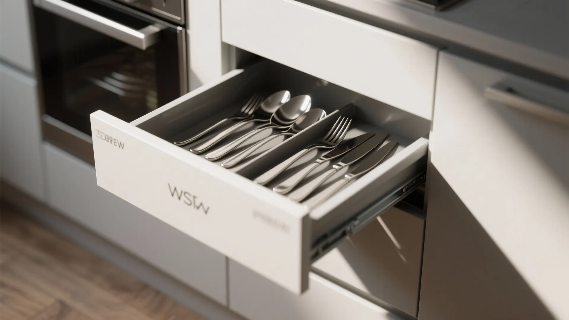 Modern white kitchen cabinet drawer open showing organized silver spoons forks and knives inside storage