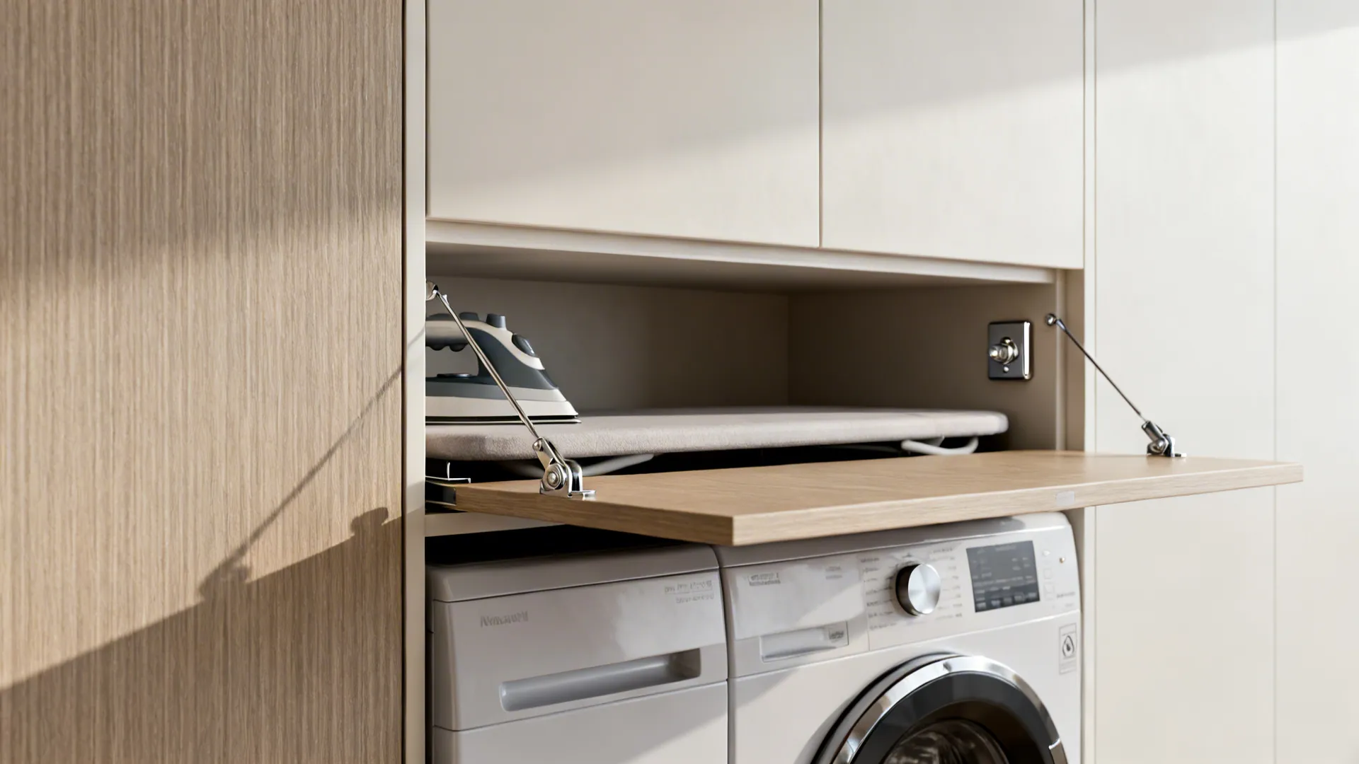 Fold-out ironing board hidden inside a slim cabinet above a stacked washer and dryer with magnetic iron holder.