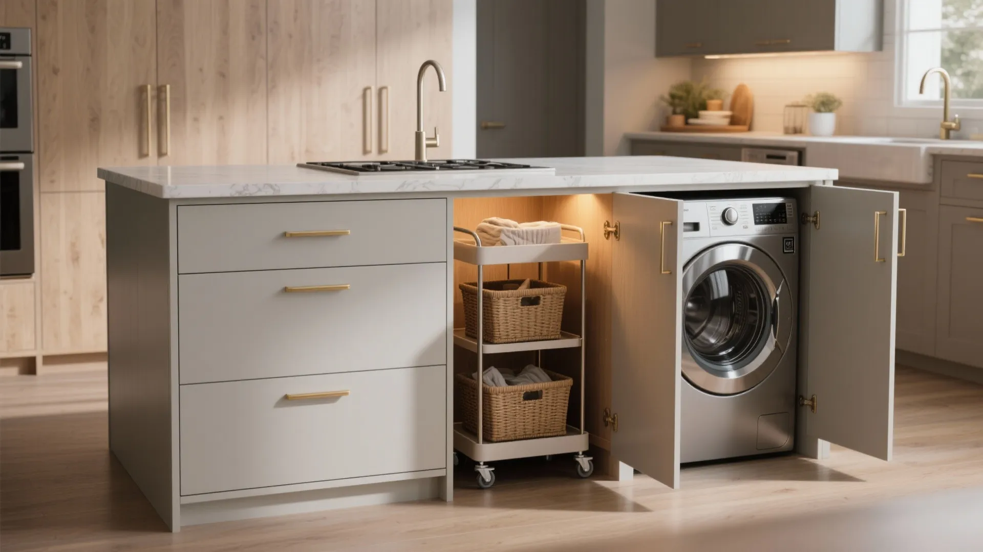 5. Hidden laundry island or cabinet with a rolling cart