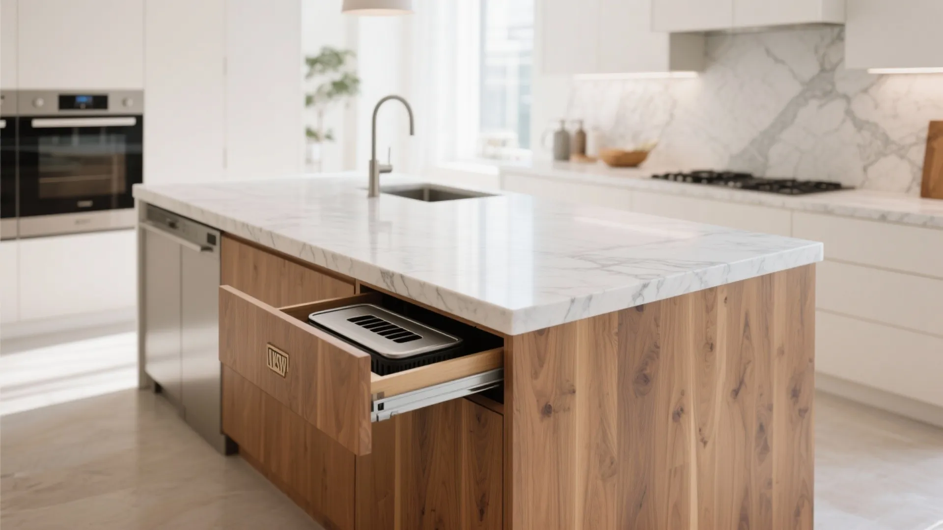 Kitchen island with hidden built-in trash bin drawer
