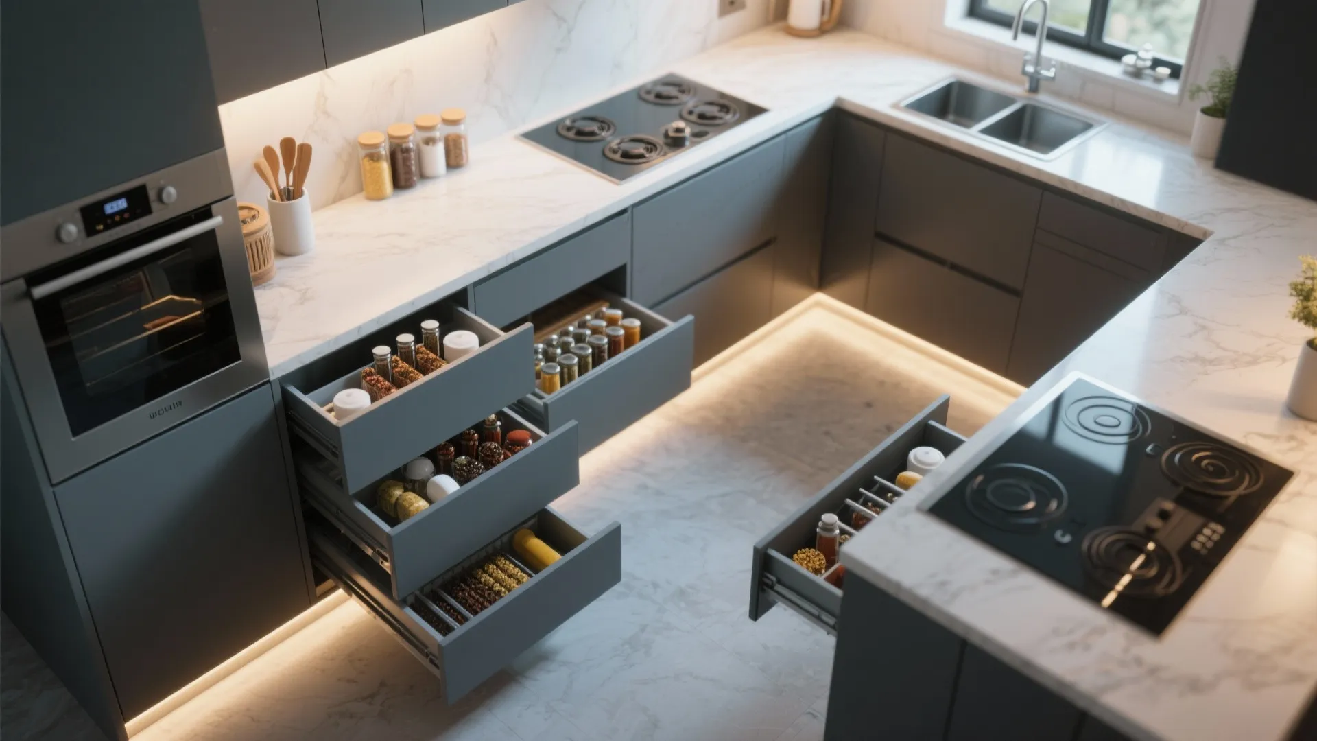 Top view of organized kitchen with hidden storage solutions