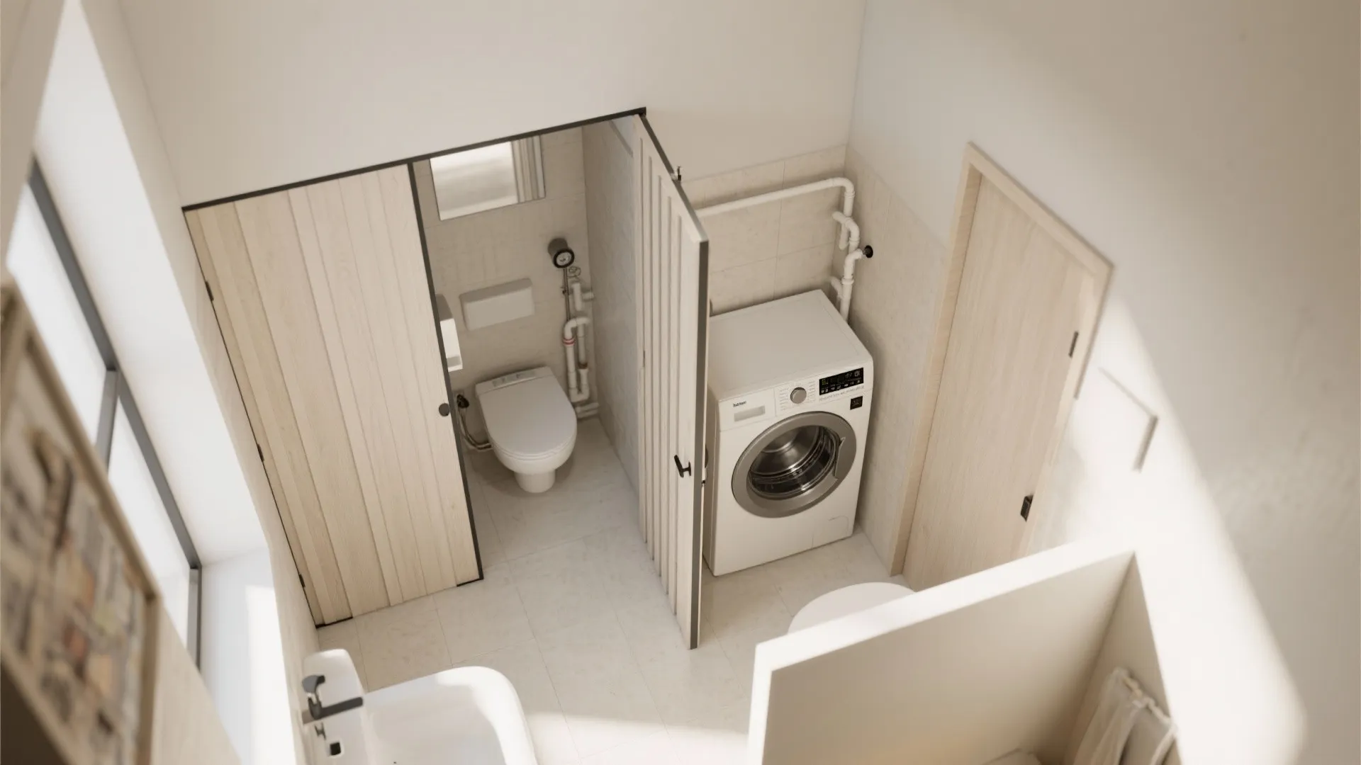 Small laundry area with washing machine next to a separate toilet room with wooden doors