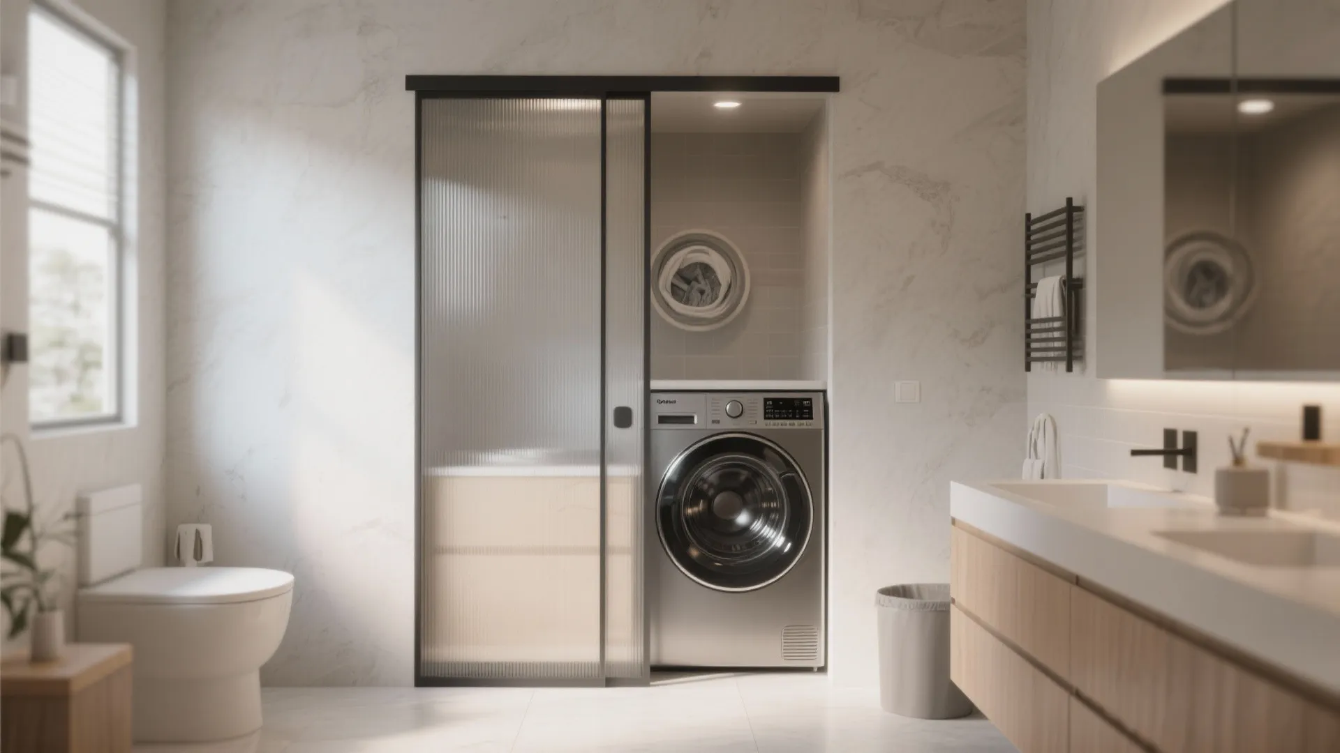 Washing machine hidden behind a sliding glass door in a modern bathroom with white walls