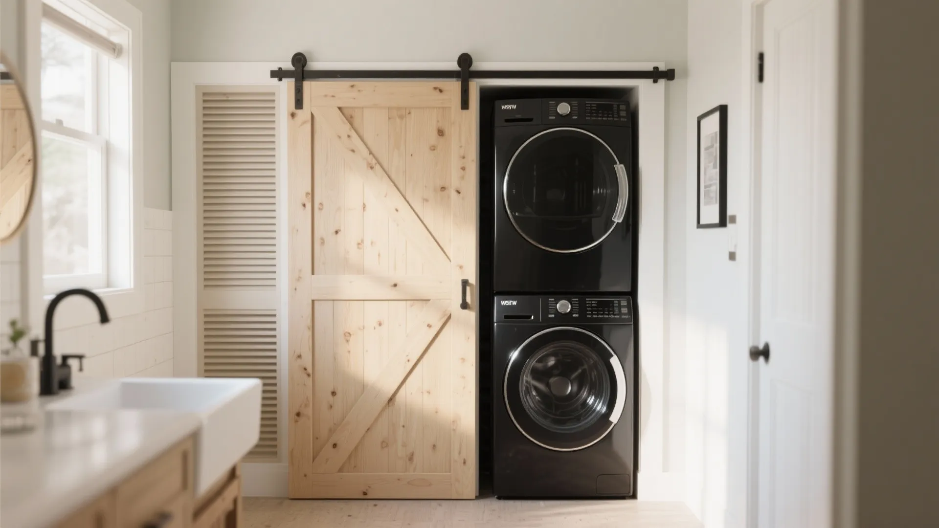 Stacked black washing machine and dryer set behind a sliding wooden door in a bright room