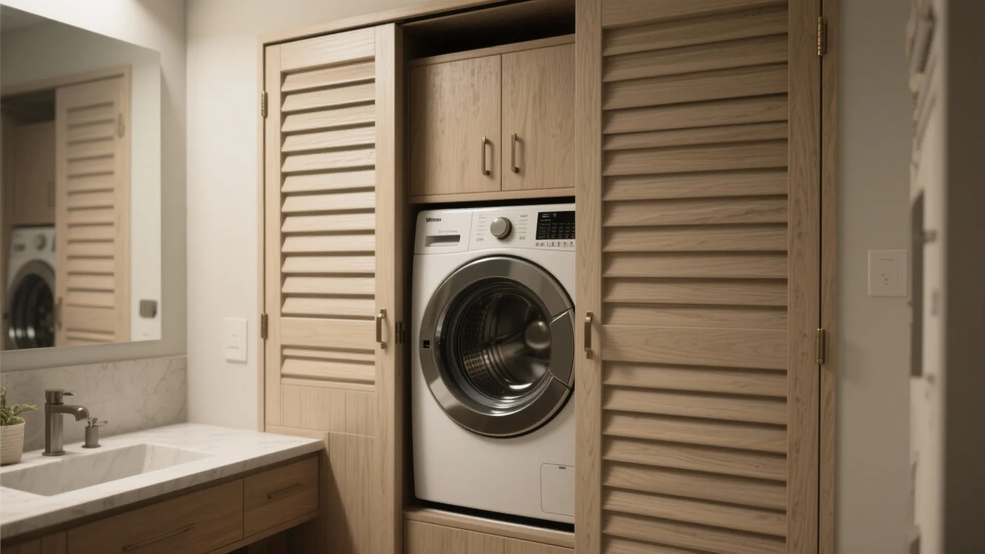 A washing machine hidden inside a wooden cabinet with slatted folding doors in a bathroom