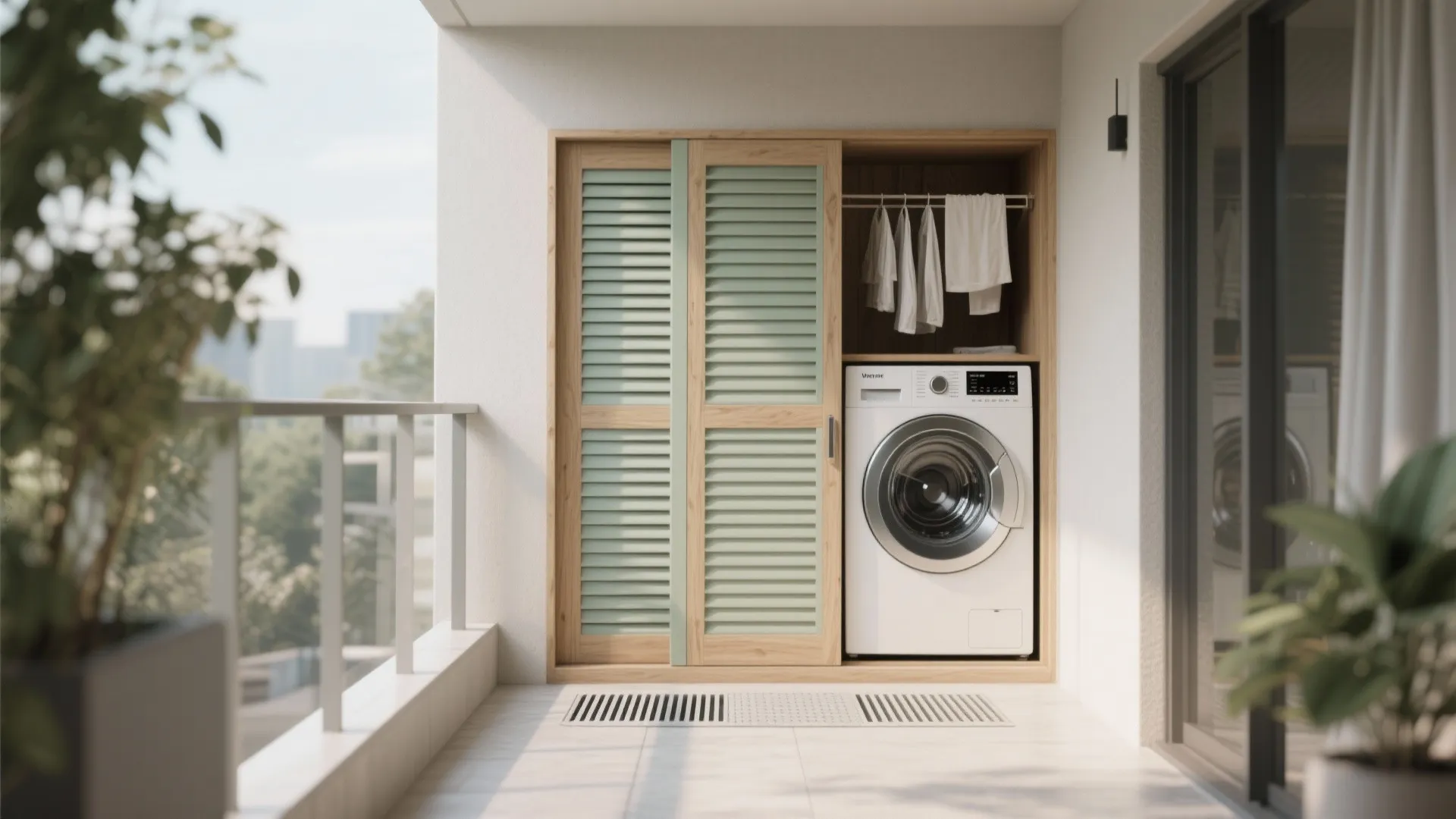 Outdoor balcony cabinet with sliding wooden doors hiding a washing machine and hanging laundry clothes