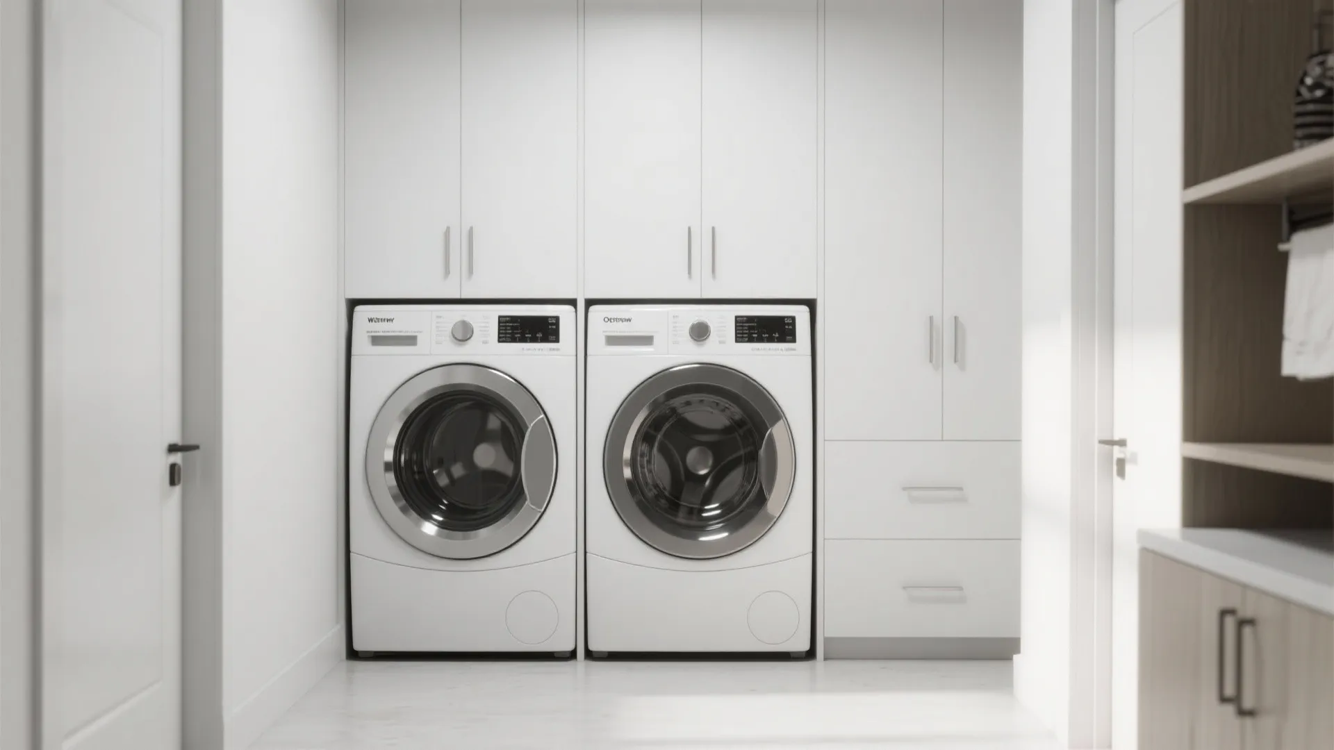 Two white washing machines built into white minimalist cabinets in a clean modern laundry room layout