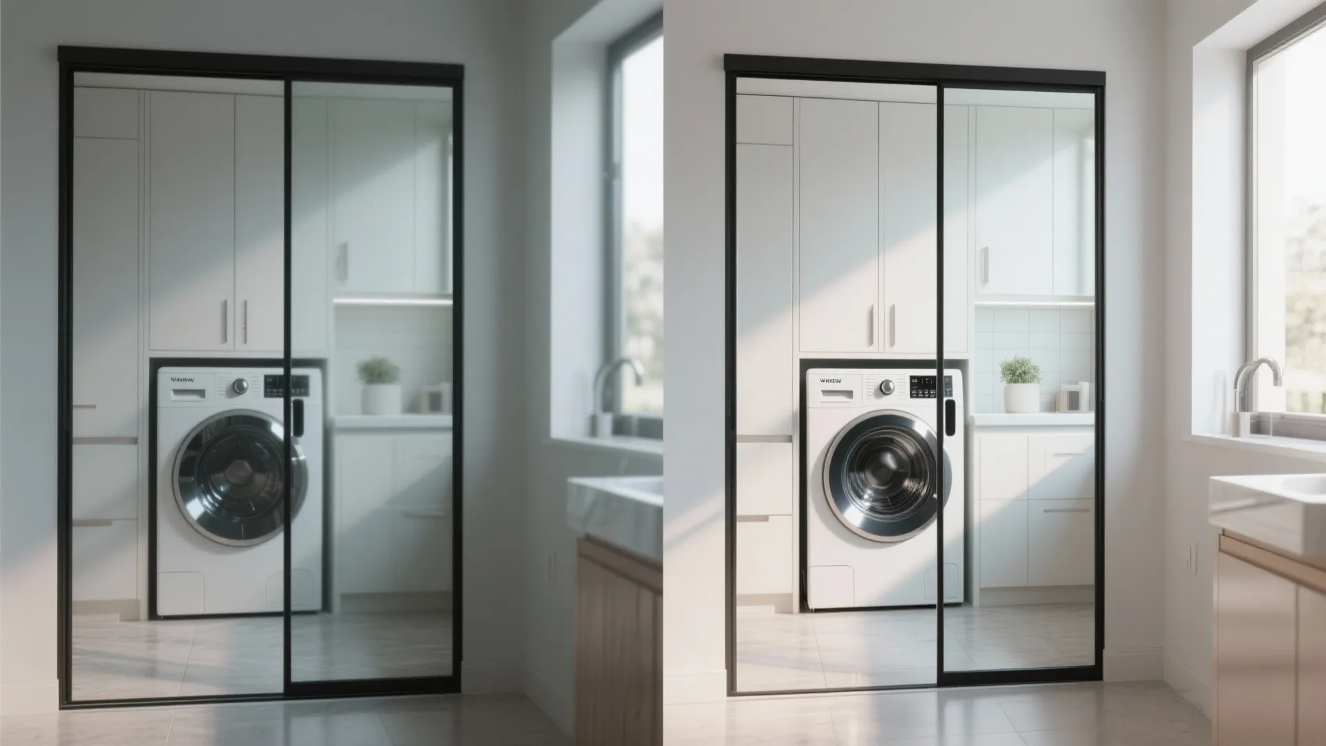 White washing machine hidden behind black frame sliding glass doors in a modern bright room