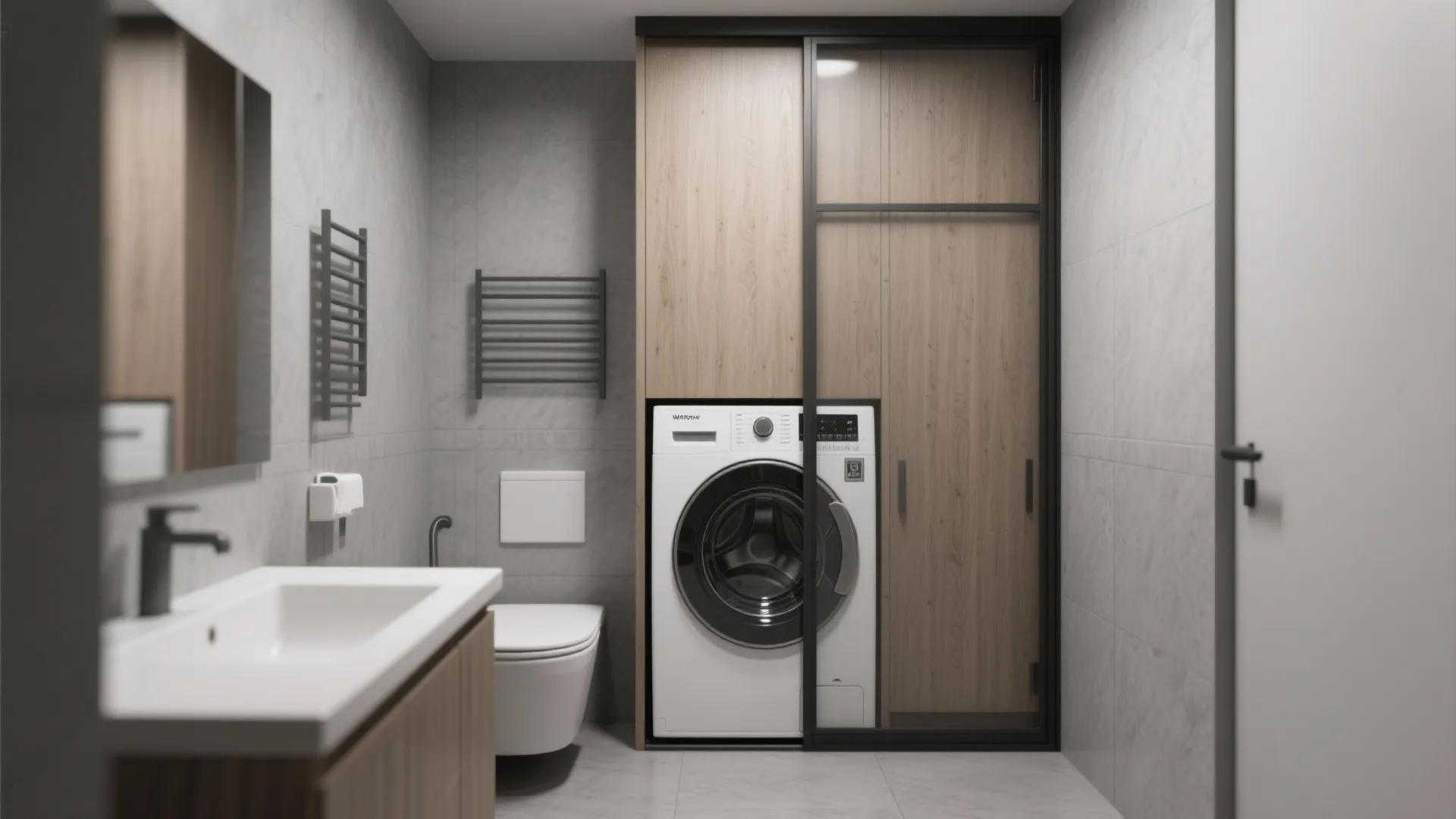 Grey tiled bathroom with a washing machine hidden inside a wooden cabinet with sliding doors