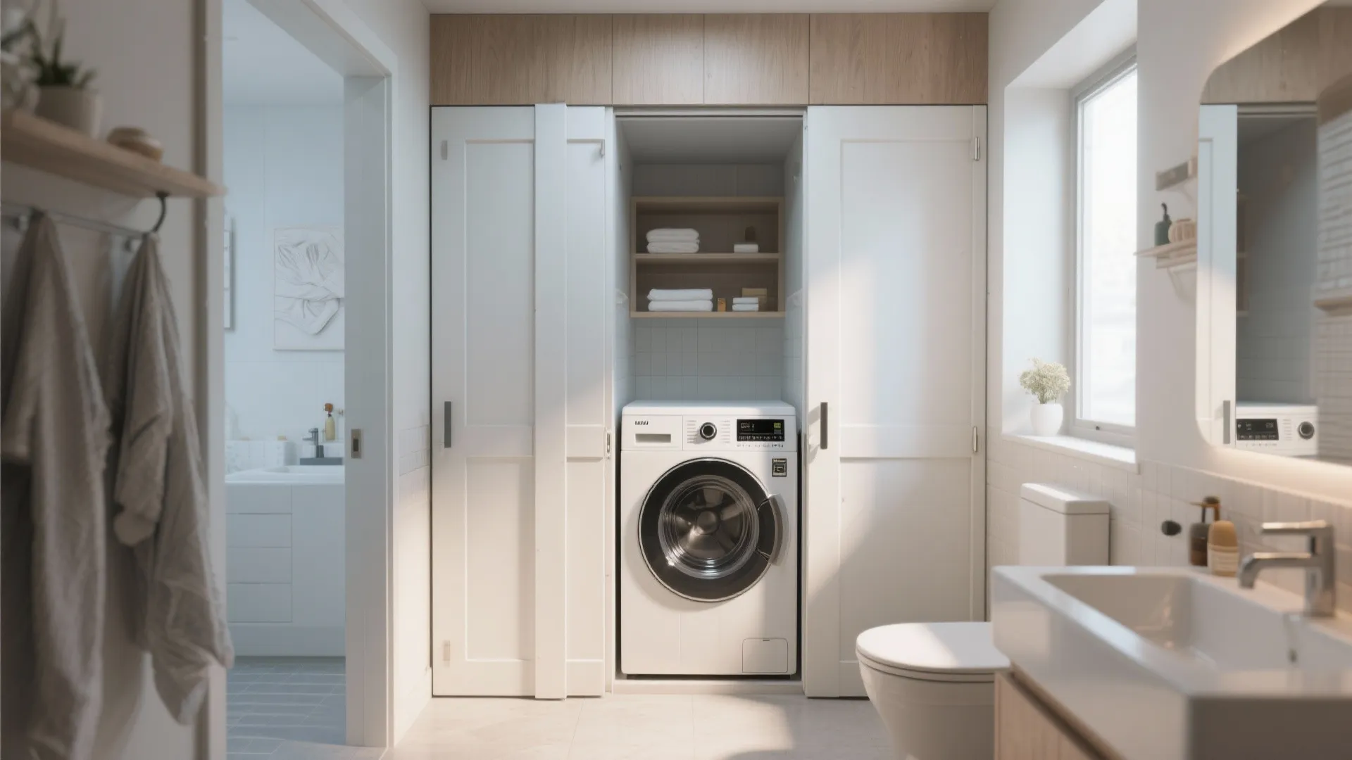 White washing machine inside a bathroom cabinet with folding doors next to a white toilet