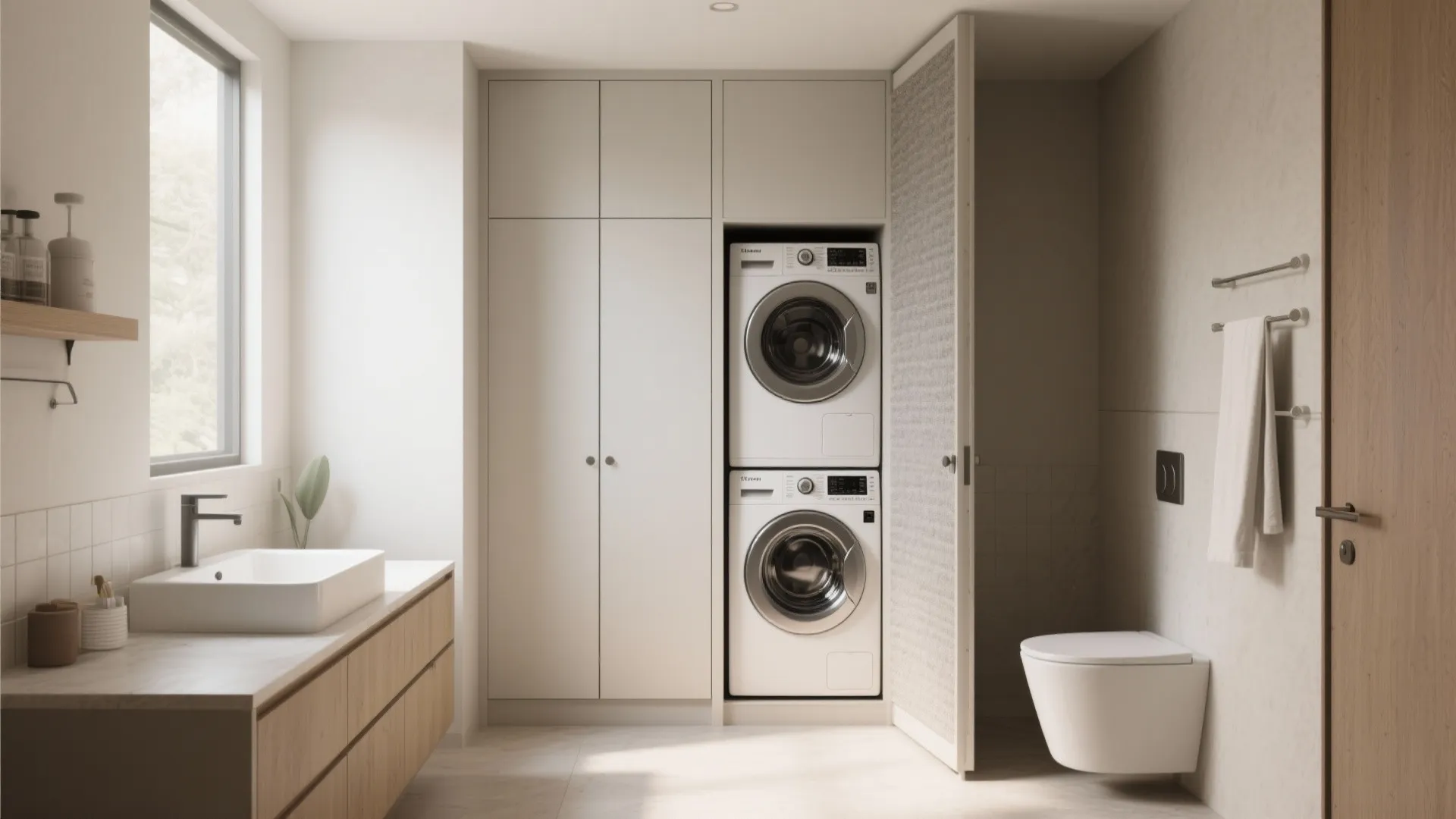 Bathroom laundry area with stacked washer and dryer in white cabinet, wooden sink, and toilet