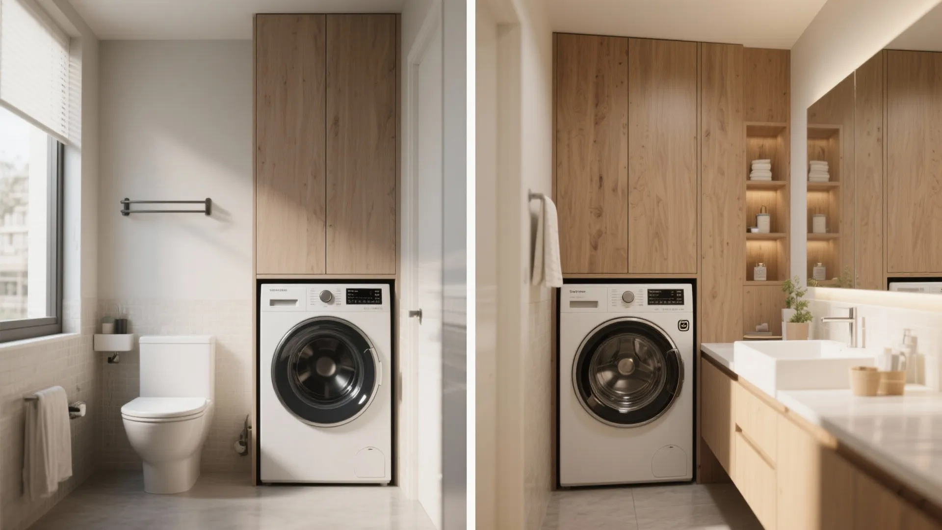 Side by side view of a washing machine built into wooden cabinets in a bathroom