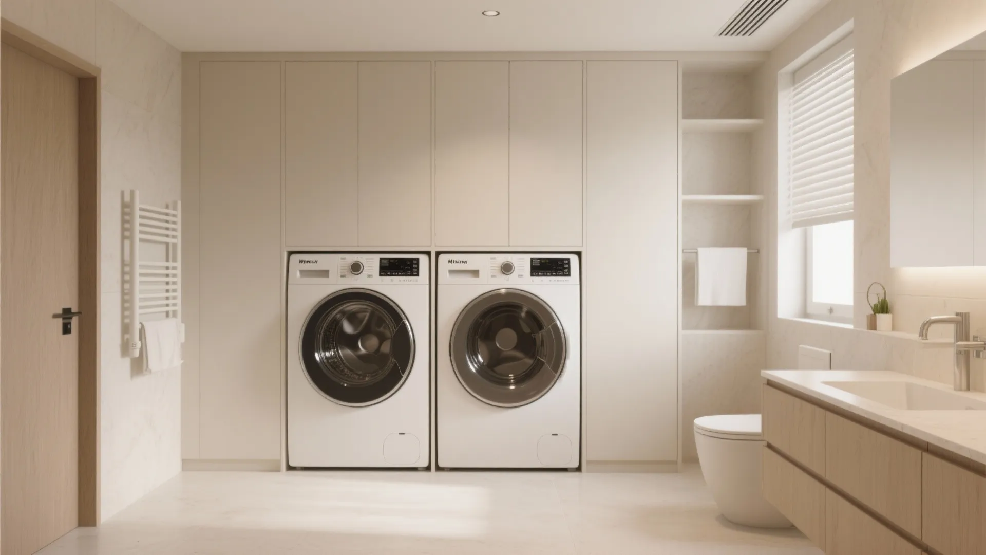 Minimalist laundry room design with two side-by-side washing machines integrated into large white wall cabinets