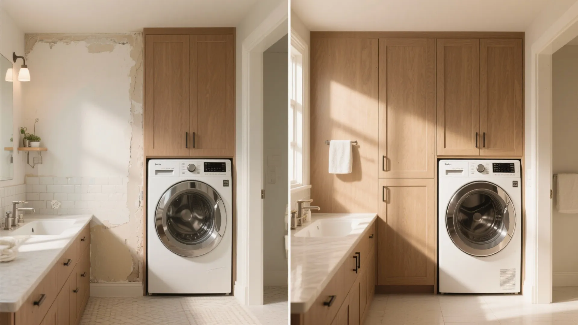 Before and after comparison of laundry area with wood cabinets and a white washing machine