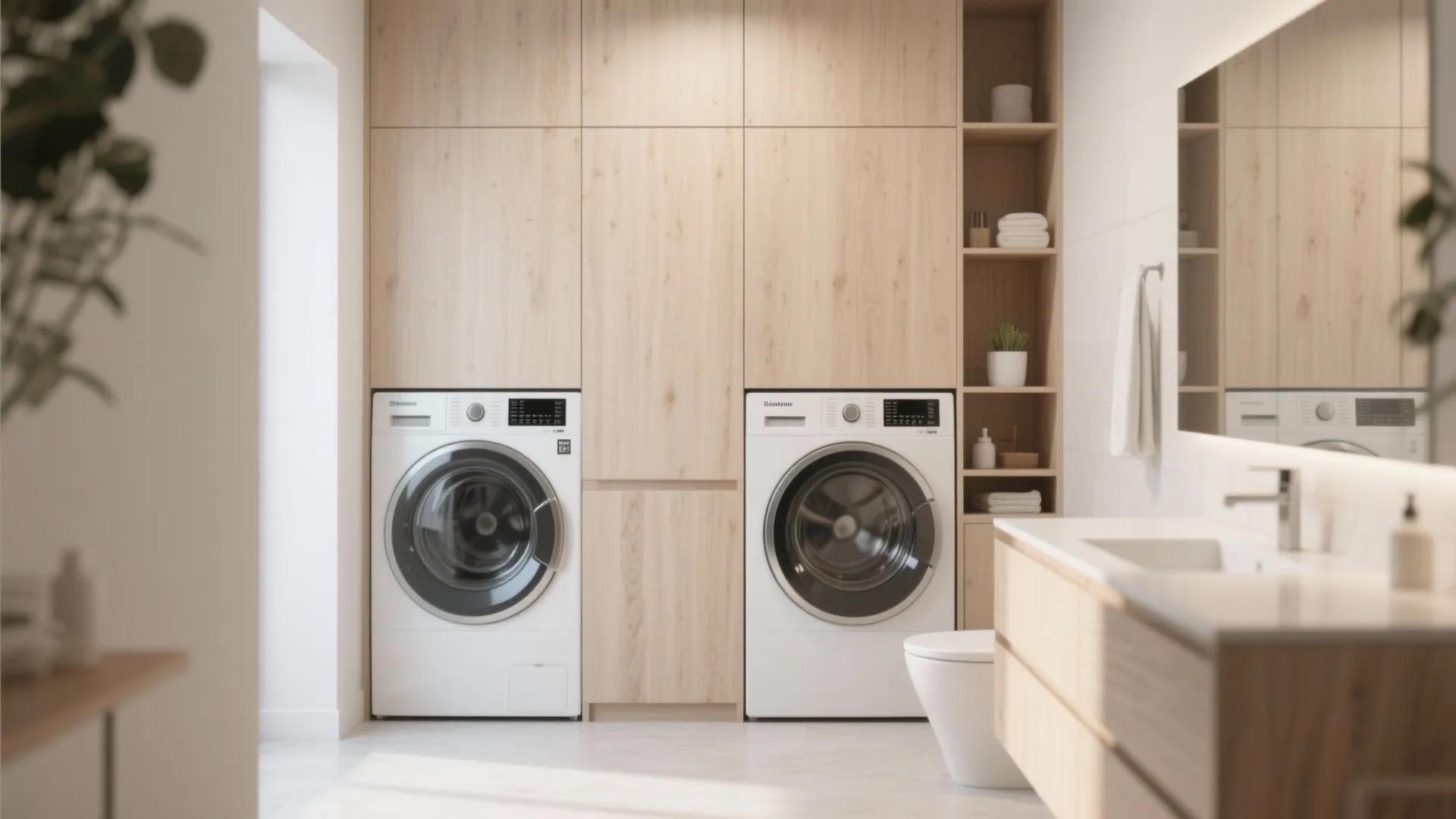 Light wood bathroom cabinet with two built-in washing machines and a white ceramic bathroom sink