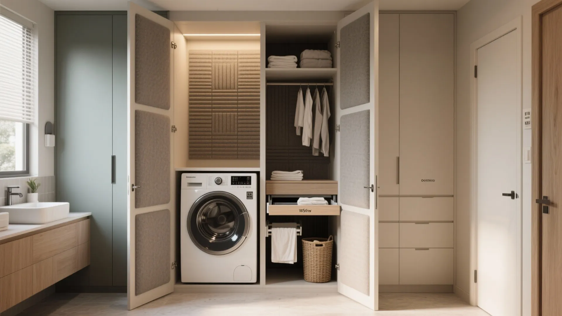 Washing machine hidden inside a white cabinet closet with shelves for clothes and laundry room storage
