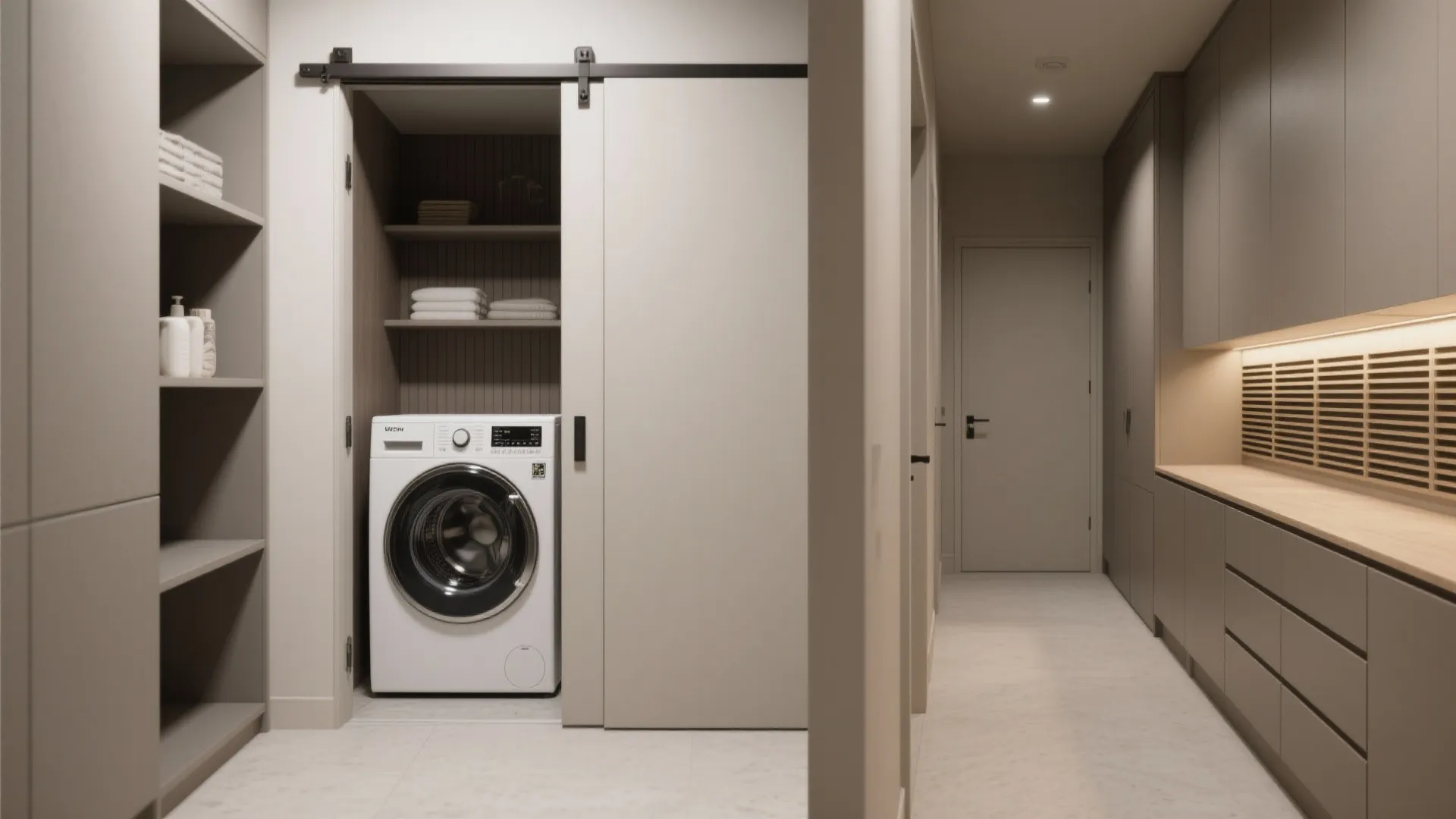 White washing machine inside a laundry closet with sliding door and shelves for clean towels