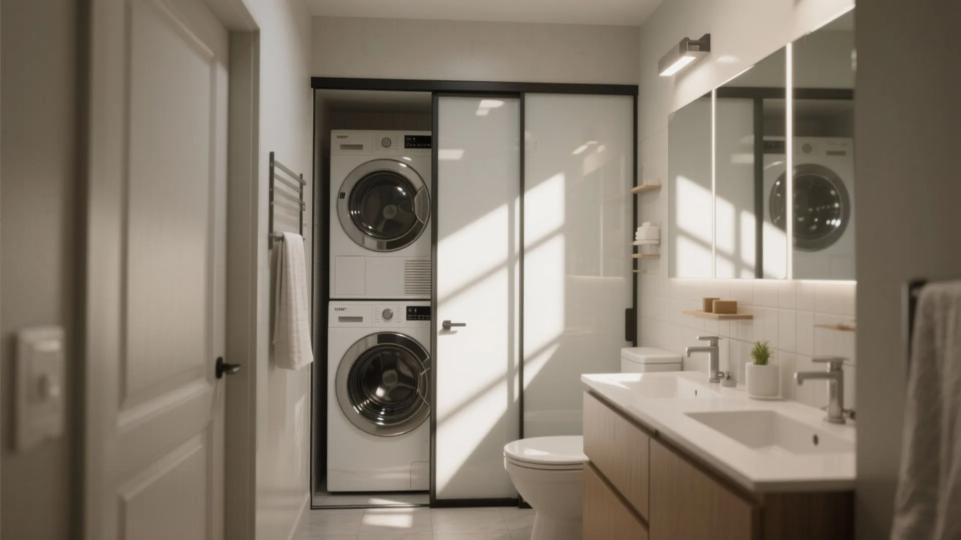 Compact bathroom interior featuring sliding glass doors hiding laundry machines next to a double sink